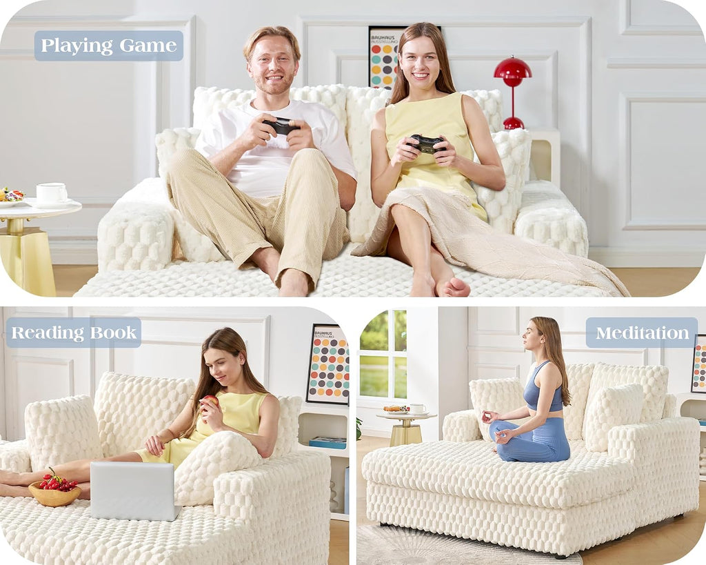 VanAcc 58 Inch Chaise Lounge Indoor, Upholstered Sofa Bed with Throw Pillows and Armrests, Sleeper Bed- Plush Lounge Chair for Living Room, White