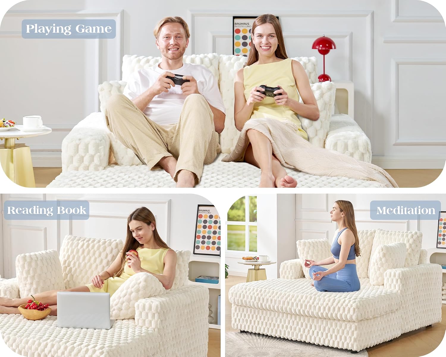 VanAcc 58 Inch Chaise Lounge Indoor, Upholstered Sofa Bed with Throw Pillows and Armrests, Sleeper Bed- Plush Lounge Chair for Living Room, White