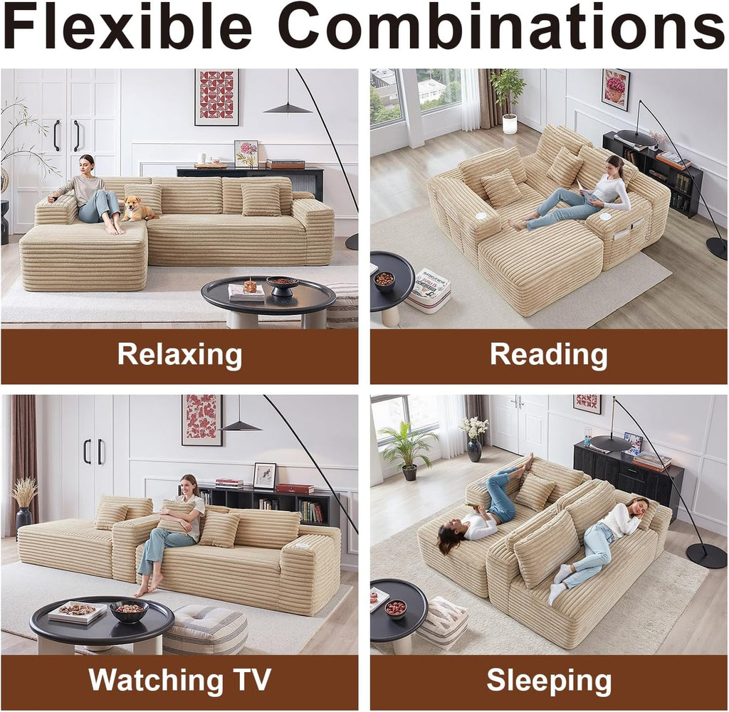 Cloud Sectional Couch with L-Shape Chaise, Modern Modular Sofa with Deep Seat, Built-in Cup Holder & Storage Pocket for Living Room Bedroom, No Assembly Required (Camel, Right Facing Chaise)