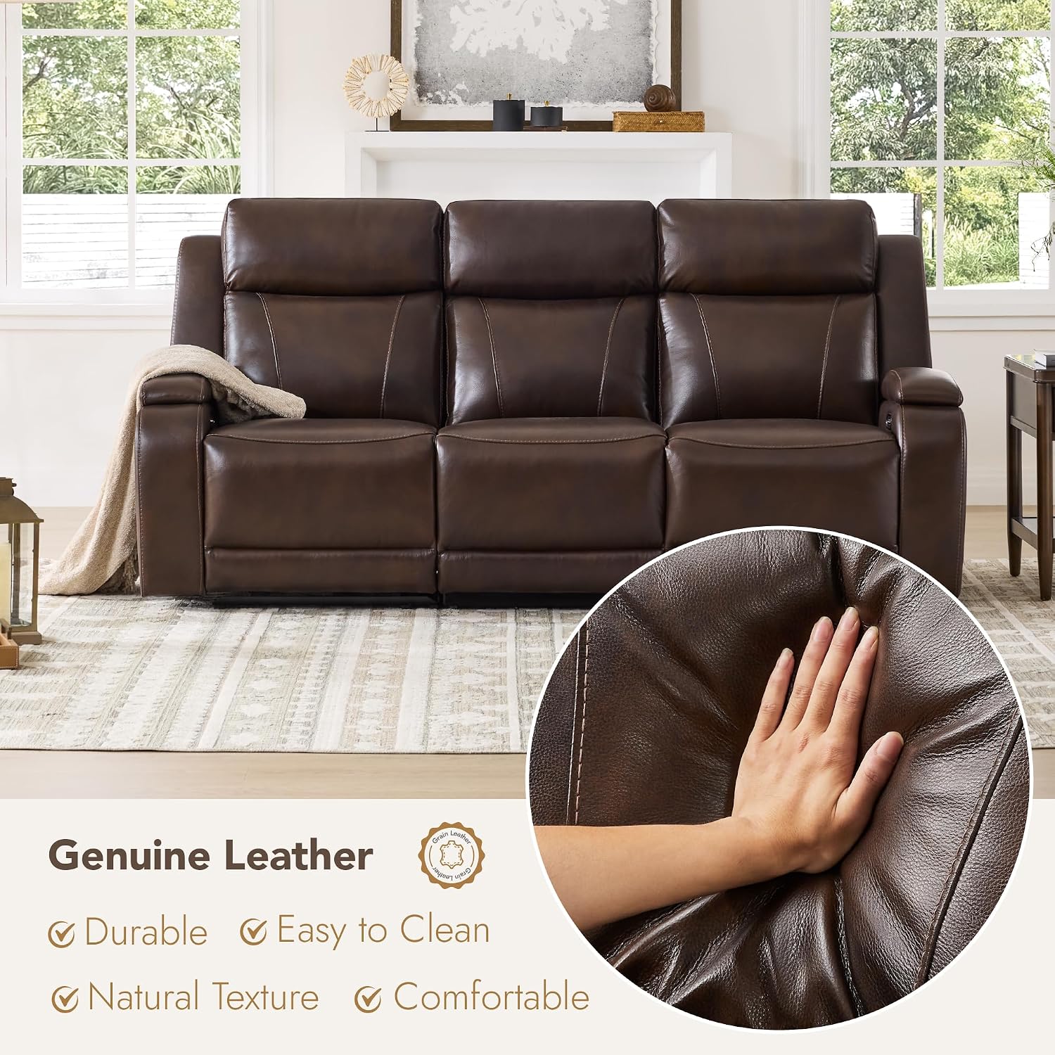 Watson & Whitely Genuine Leather Power Recliner Sofa, 3 Seater Zero Gravity Reclining Couch with Power Headrest & Flip Middle Backrest Table, Hidden Storage, Cup Holders for Living Room, Dark Brown
