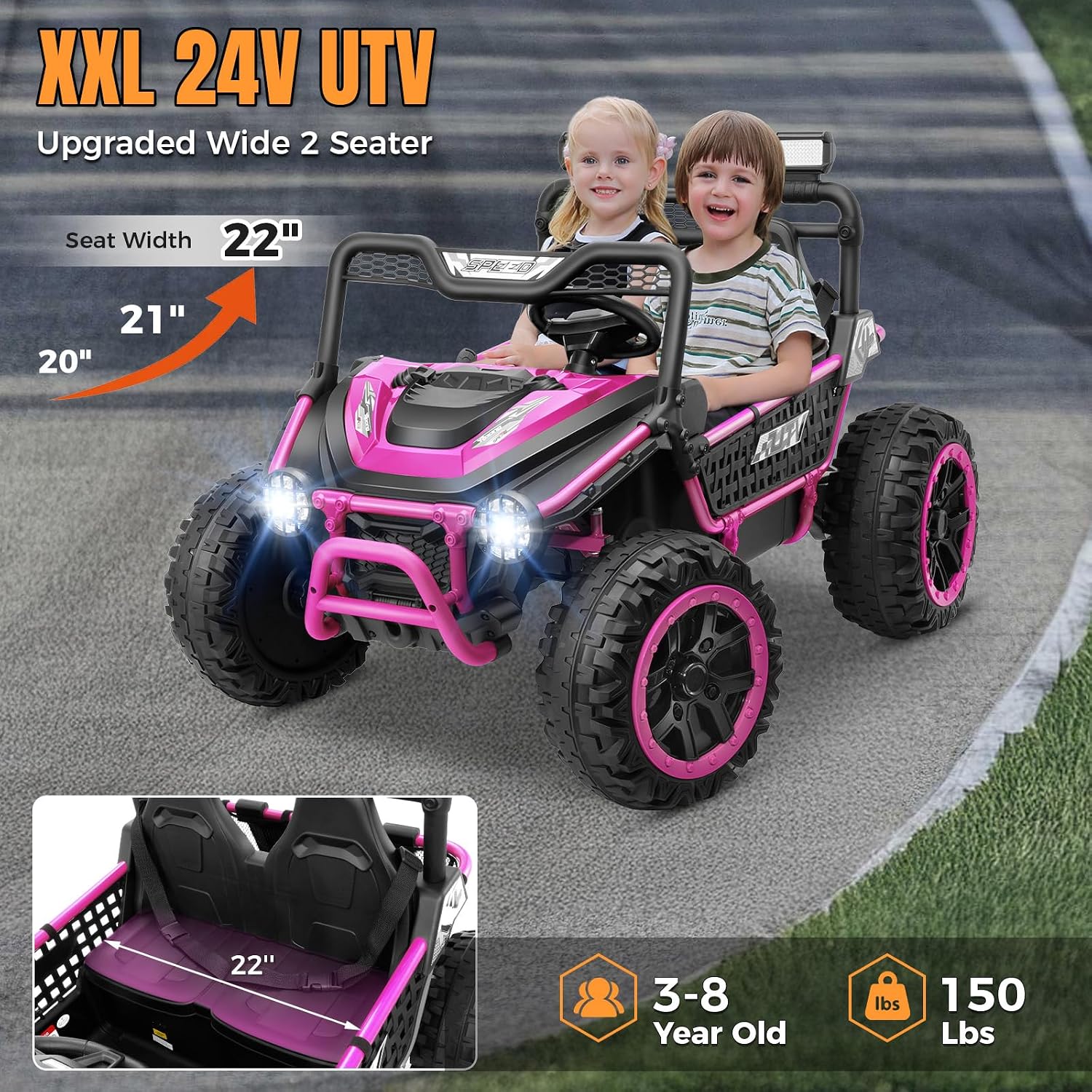 Hikole 24V Ride on Toy Car for Big Kids 4-8, XL Kids UTV 2 Seater with Remote Control, 22' Spacious Seat, MP3 & USB, 3 Speed, Storage, Electric Power Wheels for Boys Girls, Pink