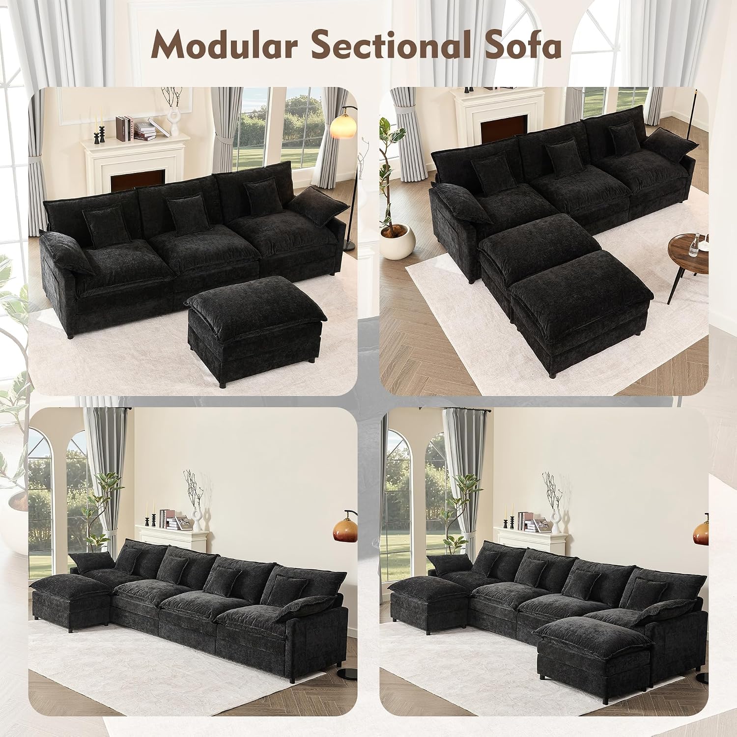GOSUHI 108' U Shaped Couch, Modular Sectional Sofa, 3-Seater Comfy Cloud Couch, Set of Modular Pieces with Movable Ottoman, Deep Seat Couches for Living Room, Chenille, Black