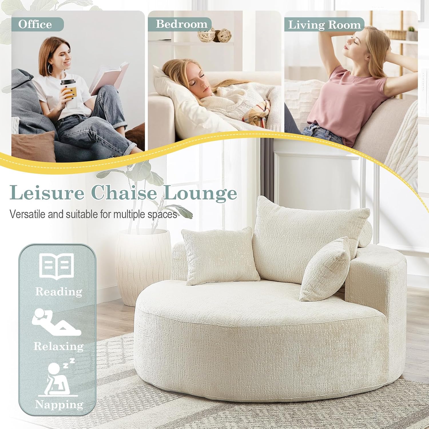 Oversized Round Chaise Longue Chair Indoor, Modern 55-inch Upholstered Chenille Deep Seat Circle Single Cloud Lounge Floor Sofa Chair for Living Room, Bedroom Apartment, Beige