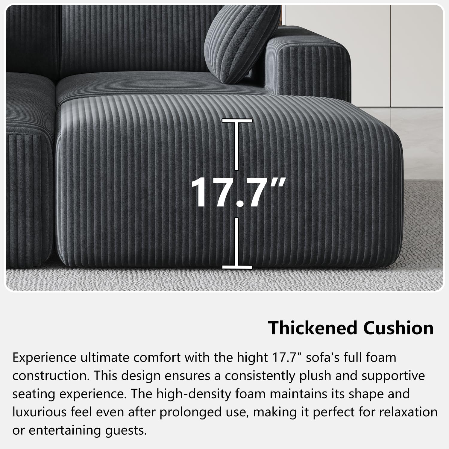 108' Cloud Couch Modular Sectional Sofa for Living Room,L Shaped Boneless Couch with Deep Seat Chaise,No Assembly Required Foam Sleeper Sofa for Apartments,Plush Corduroy Fabric, Dark Gray