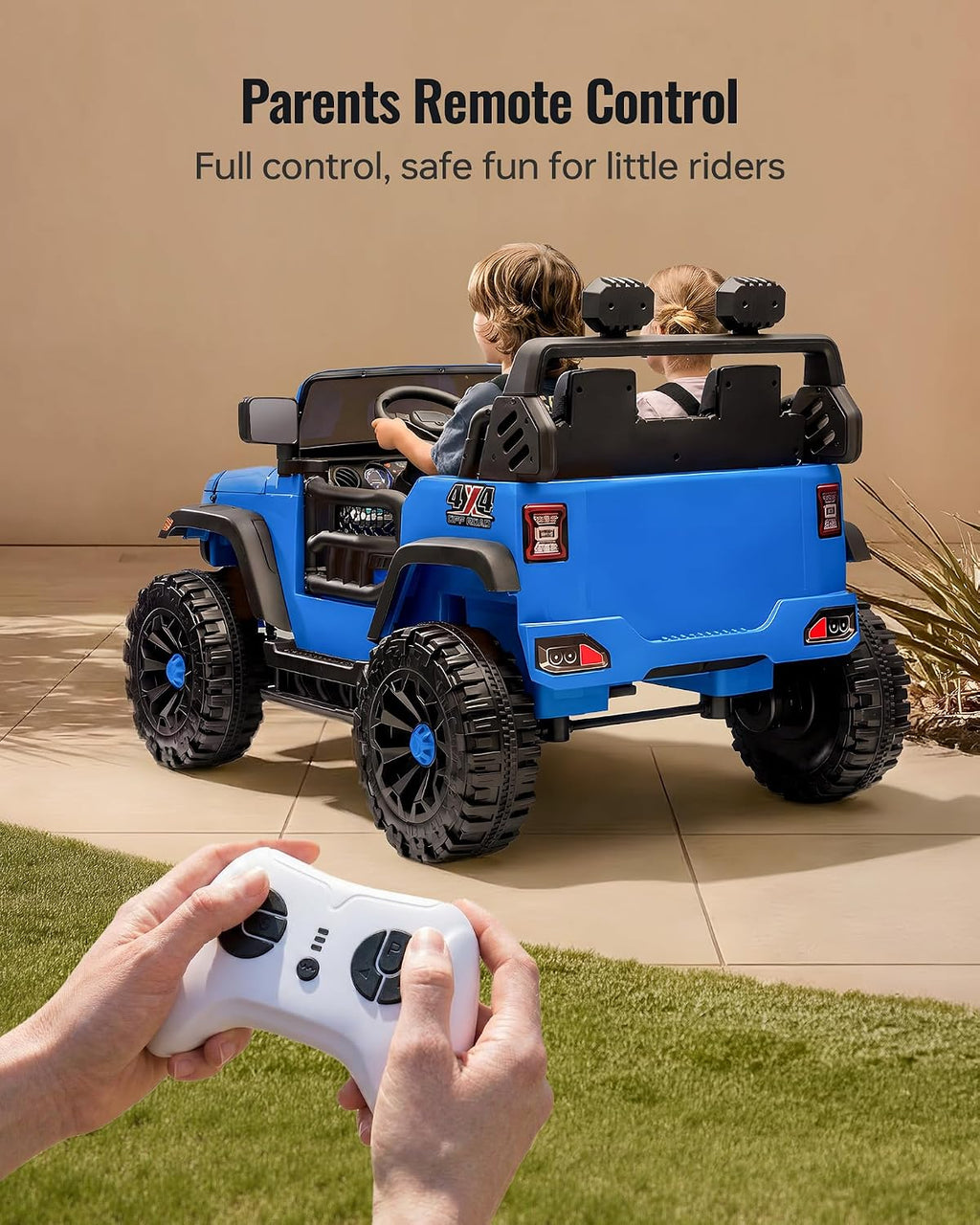 Outfunny 2 Seater Ride on Car Toy, 24V 4WD Electric Car for Kids 4-8 with Remote Control, 4x200W Motors, Capacity 150 lb - Blue