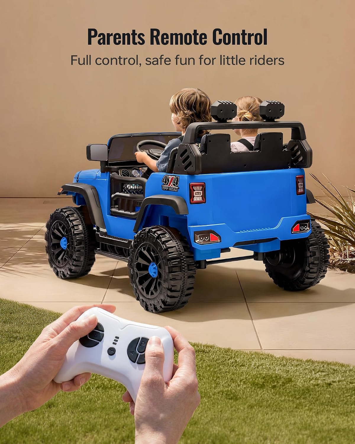 Outfunny 2 Seater Ride on Car Toy, 24V 4WD Electric Car for Kids 4-8 with Remote Control, 4x200W Motors, Capacity 150 lb - Blue