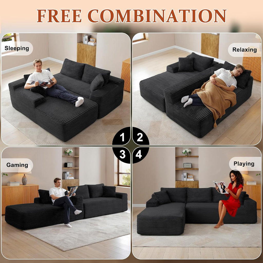 95' Boneless Couches for Living Room, L Shaped Comfy Cloud Modular Sectional Memory Foam Deep Seat Boneless Couch, No Assembly Required Boneless Sofa for Living Room with Left Facing Chaise, Black