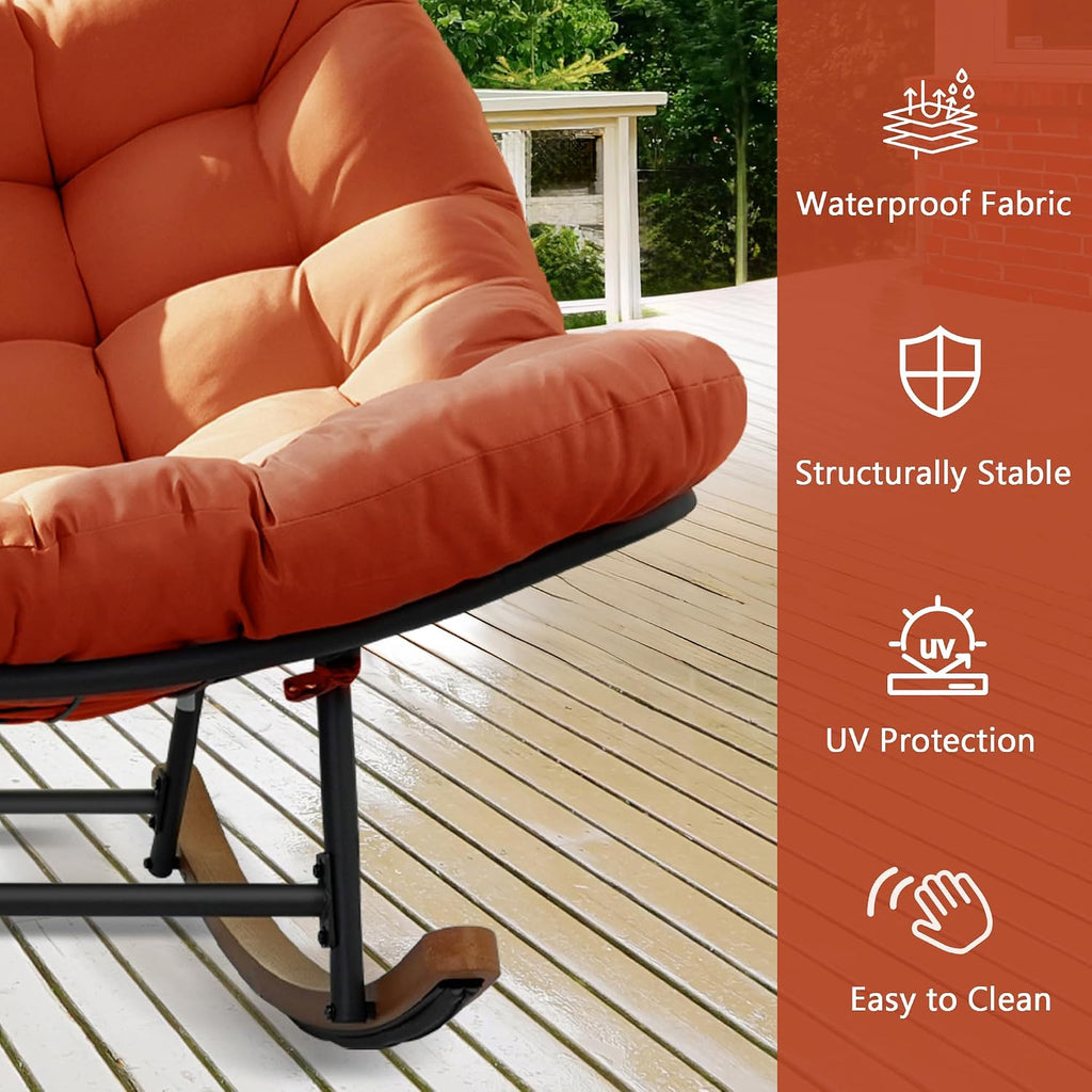 Double Outdoor Papasan Rocking Chair, Oversized Papasan Loveseat with 6' Weatherproof Cushion & PE Rattan Frame, All-Weather Patio Furniture for 2 Adults,Red
