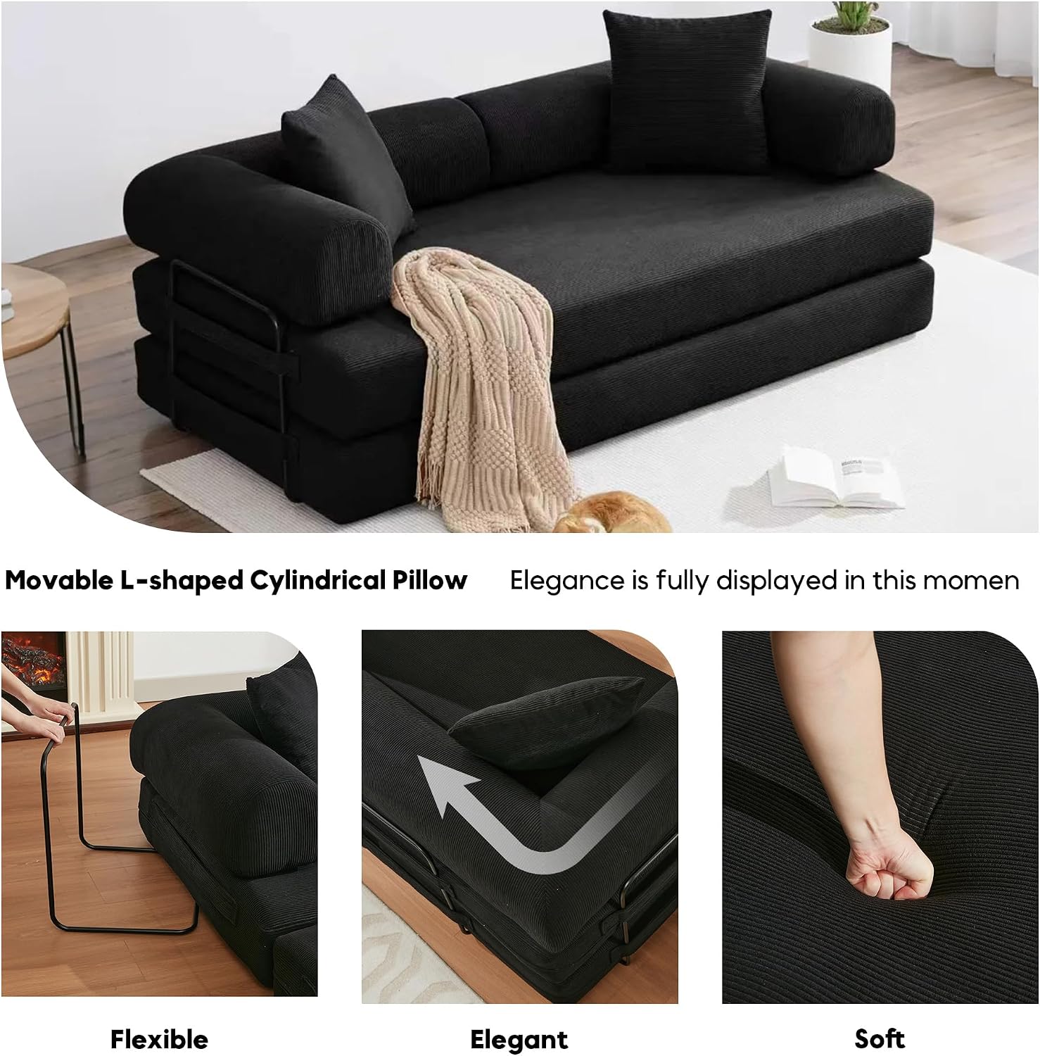ZEIINPA Convertible Sleeper Sofa Bed with Cylindrical Pillow, Corduroy Folding Mattress Couch with Fixed-Shape Frame, Floor Sofa Lounge Couch for Living Room Bedroom Lounge Studio-Black