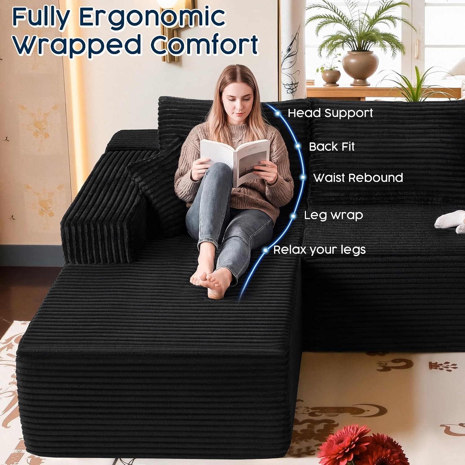 Black Sectional Couch with Ottoman, 108' Cloud Modular Couch for Living Room, Modern U-Shaped Sofa, No Assembly Required - Plush Corduroy Fabric & Deep Seat Comfort (Right Facing Chaise)