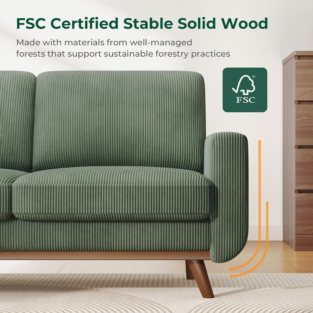 Vesgantti 68' Loveseat Sofa - Green, Comfy Corduroy with Spring Cushion, Solid Wood Frame, Modern Deep Seat, Bedroom & Living Room, Office Couch