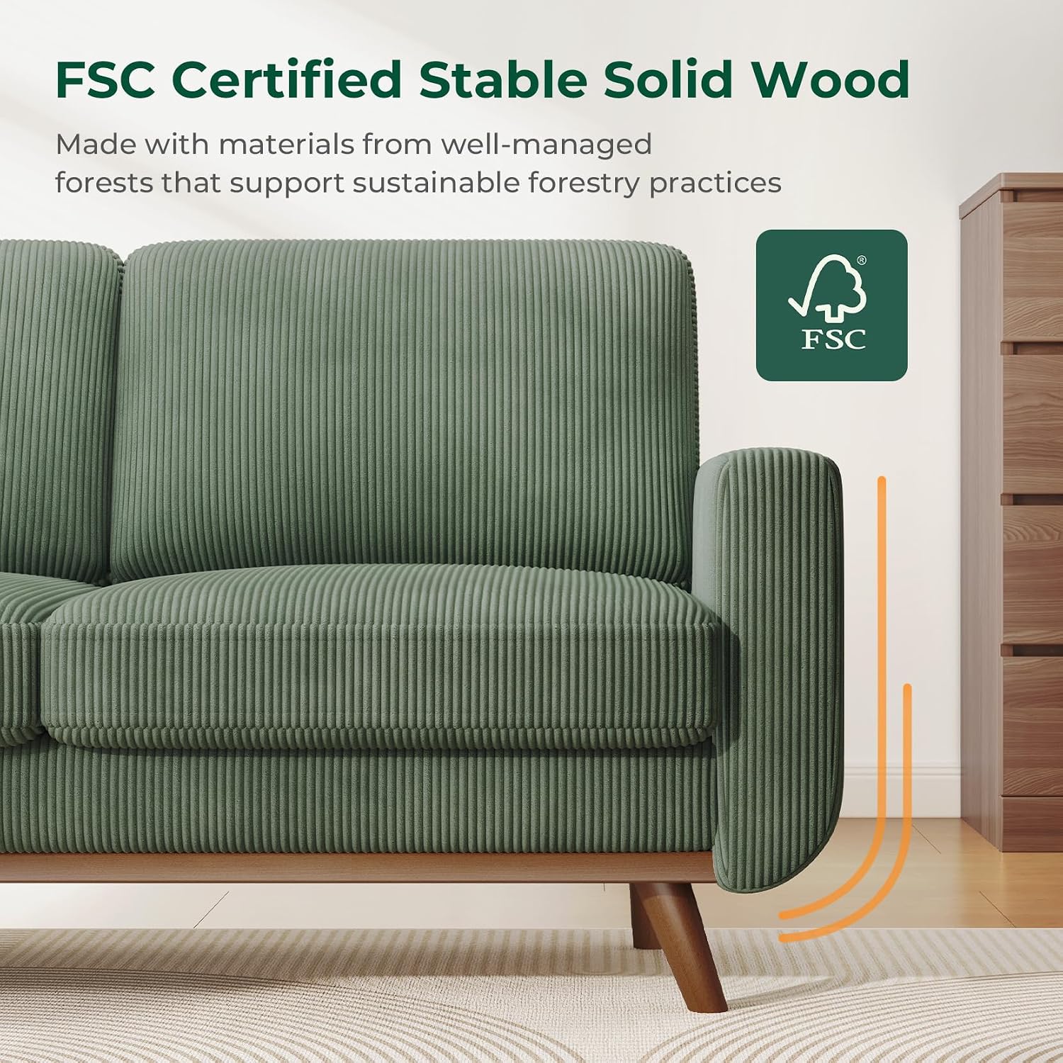 Vesgantti 68' Loveseat Sofa - Green, Comfy Corduroy with Spring Cushion, Solid Wood Frame, Modern Deep Seat, Bedroom & Living Room, Office Couch
