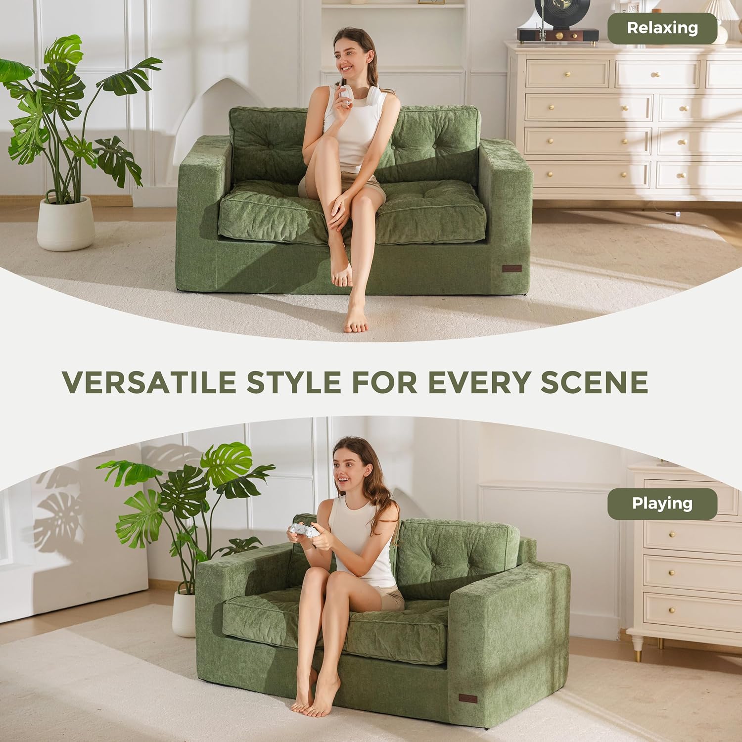 MAXYOYO Boneless Sofa Couch, Loveseat Sofa for Small Space, Tufted 2-Seater Floor Couch Bean Bag Chair for Living Room Bedroom Apartment, Sofa in a Box, No Assembly Needed, Green