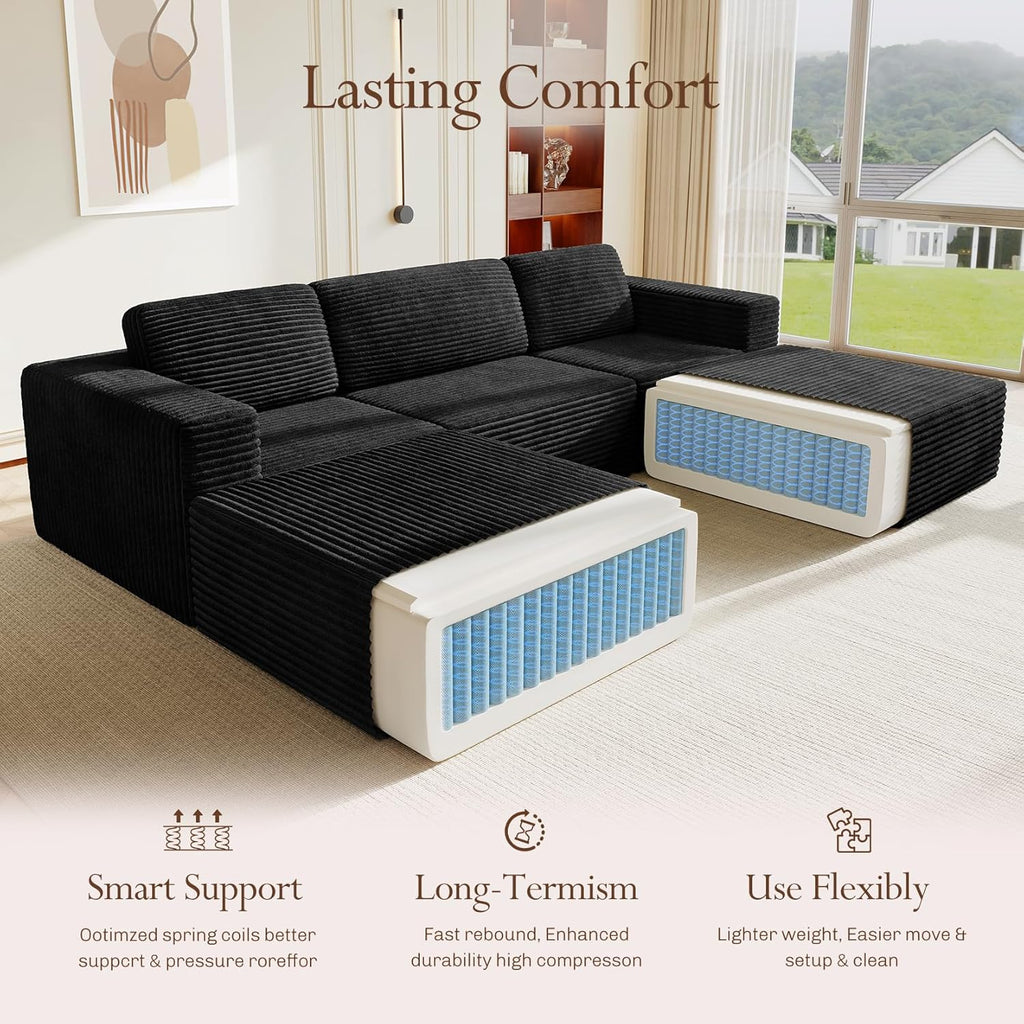 Vesgantti 119' Oversized U-Shaped Modular Sectional Sofa, Corduroy Cloud Couch with Deep Seating & Spring Support, Convertible Sofa with 2 Ottomans, Boneless Couch, No Assembly Required, Black