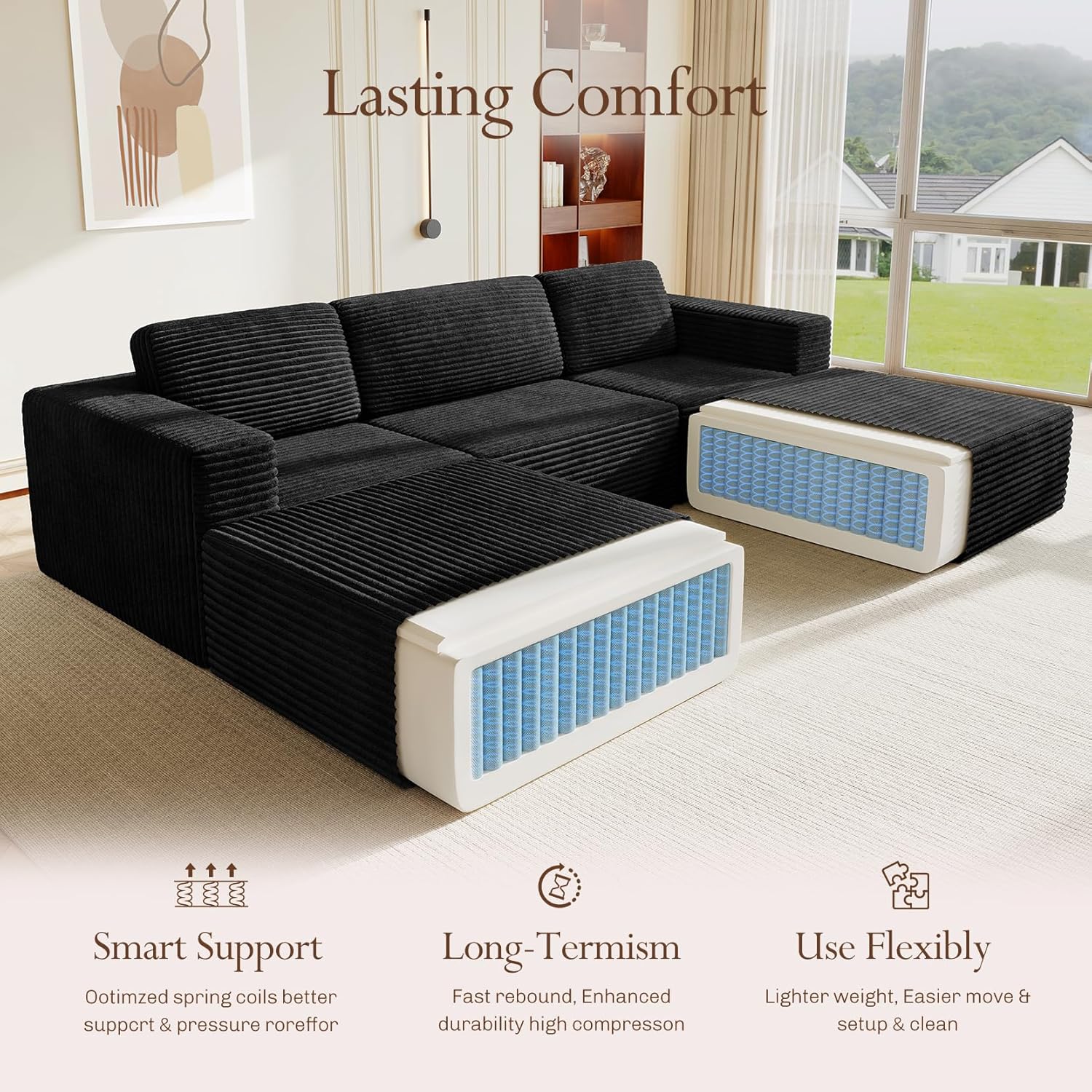 Vesgantti 119' Oversized U-Shaped Modular Sectional Sofa, Corduroy Cloud Couch with Deep Seating & Spring Support, Convertible Sofa with 2 Ottomans, Boneless Couch, No Assembly Required, Black