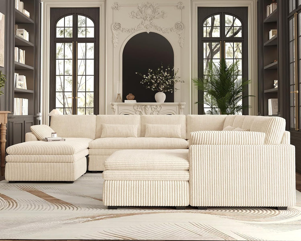 Belffin Large Modular Sectional Sofa with Double Deep Chaise and Loveseat, Corduroy U Shape Couch with 9' Soft Dual-Layer 9 Seats Cushion for Living Room, Apartment, Beige