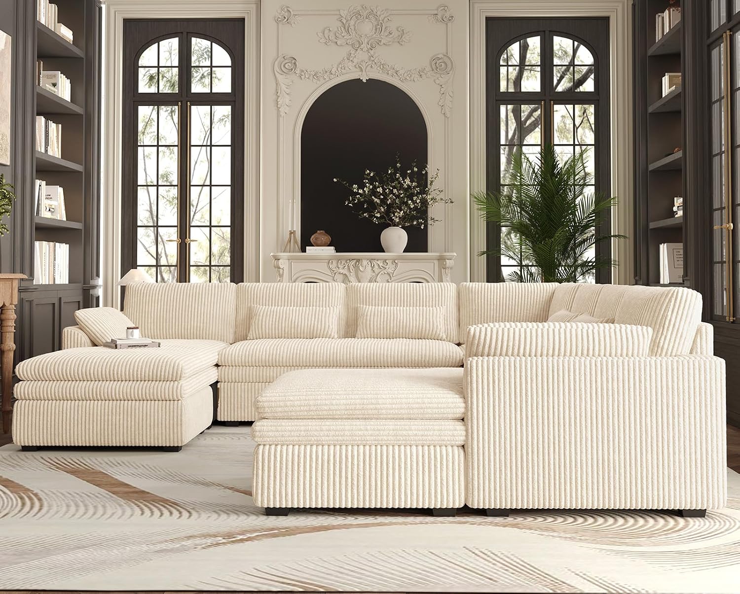Belffin Large Modular Sectional Sofa with Double Deep Chaise and Loveseat, Corduroy U Shape Couch with 9' Soft Dual-Layer 9 Seats Cushion for Living Room, Apartment, Beige