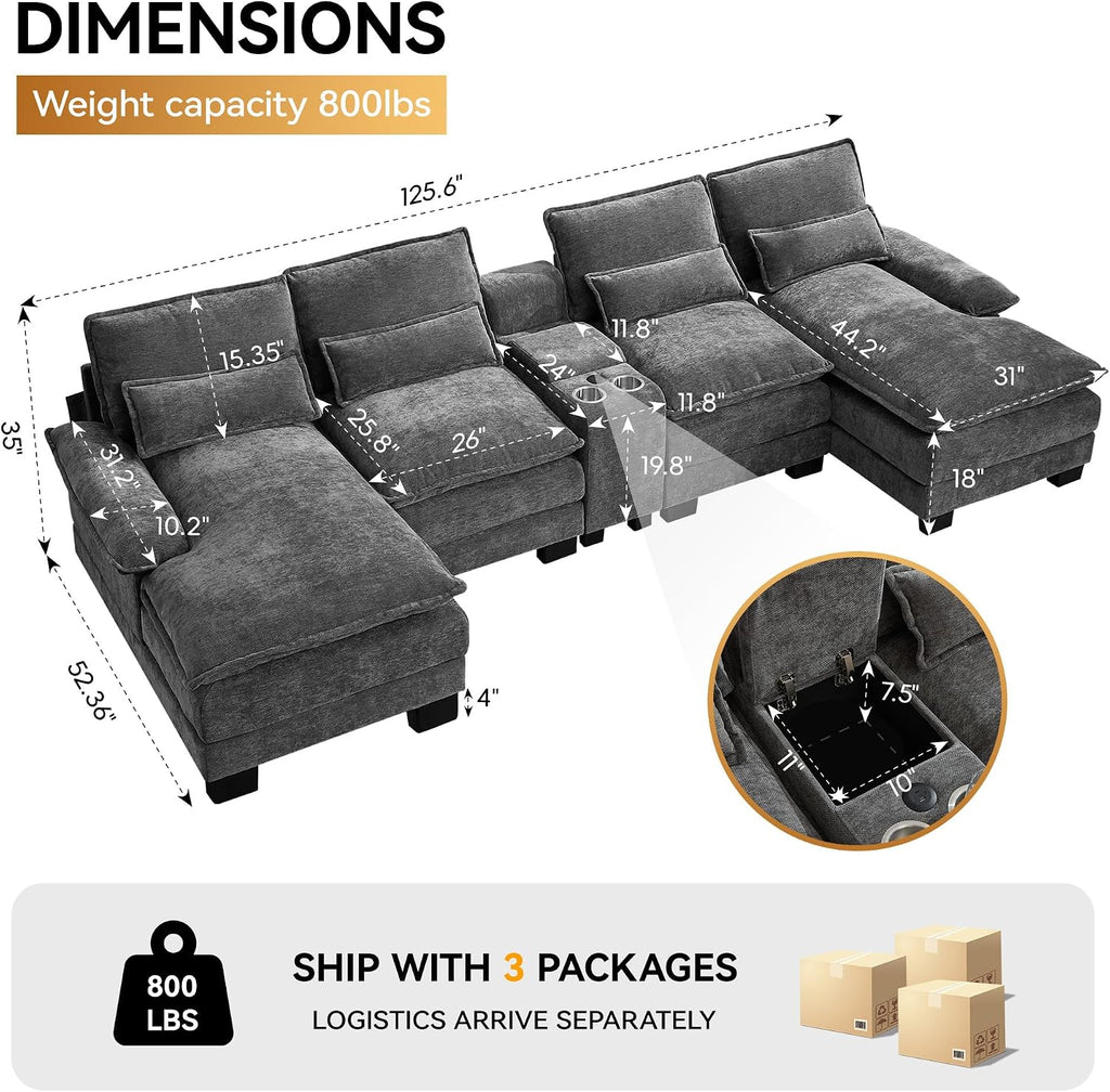 125'' U Shaped Cloud Modular Sofa, Chenille Upholstered Comfy Sectional Couch with Storage Console, USB Charging Ports & Cup Holders, Modern Deep Seat Sofa for Living Room, Grey
