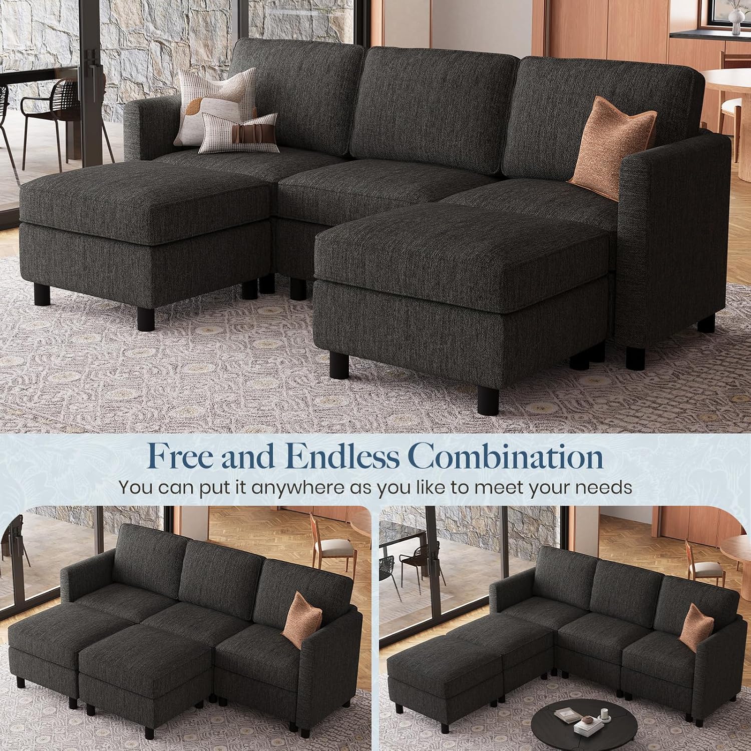 Belffin 84.3' 5 Seats U Shaped Couch Modular Sectional Sofa Washable Sectional Couches for Living Room Comfy Couches with Storage Seat Couch Sofas with Chaise,Dark Grey