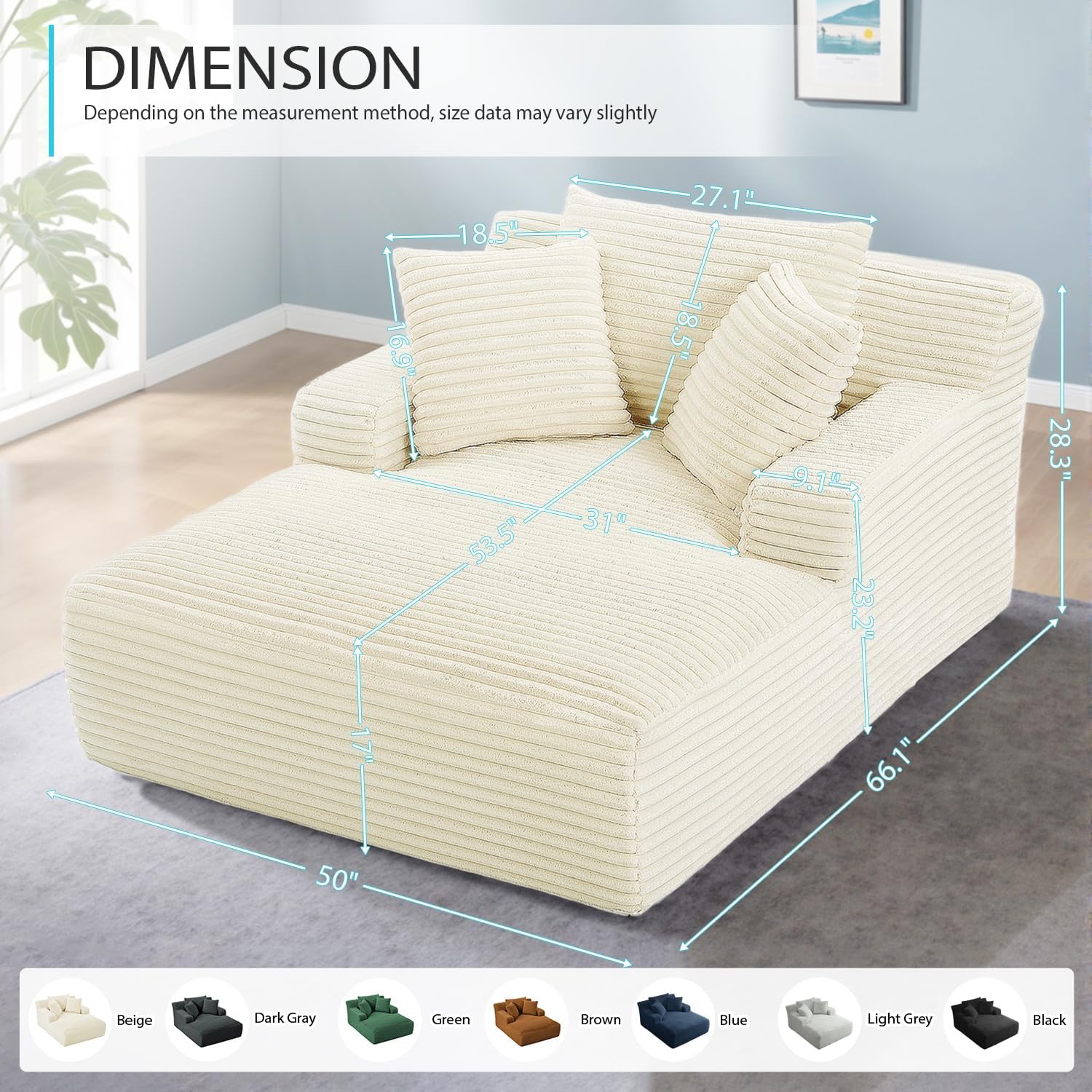 ivoros 50 Inch Chaise Lounge Chair Indoor, Oversized Corduroy Upholstered Boneless Sofa Bed, Deep Seat Sleeper Couch Reading Chairs, Cloud Sofas Couches for Living Room, No Assembly Required (Beige)