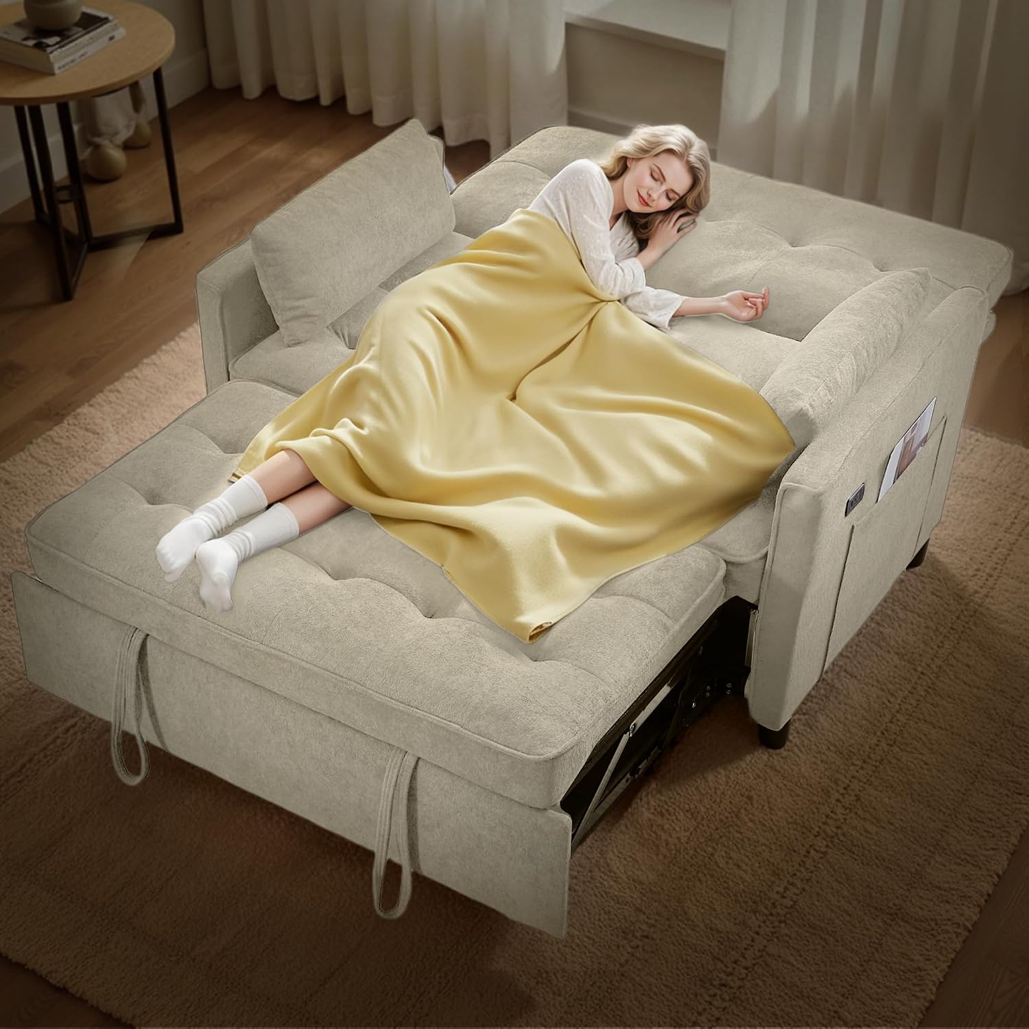 Convertible Sofa Bed, 3 in 1 Pull Out Couch, Loveseat Sleeper with Side Pocket, Living Room Sofa with Adjustable Backrest | USB Charging Port | Two Pillows | Fabric | Beige Couch