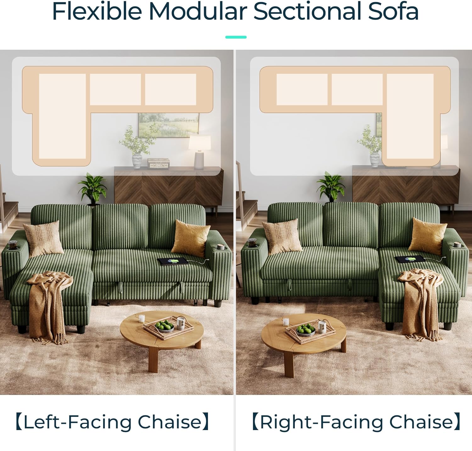 LINSY HOME Sectional Sleeper Sofa Only Corner (Green)