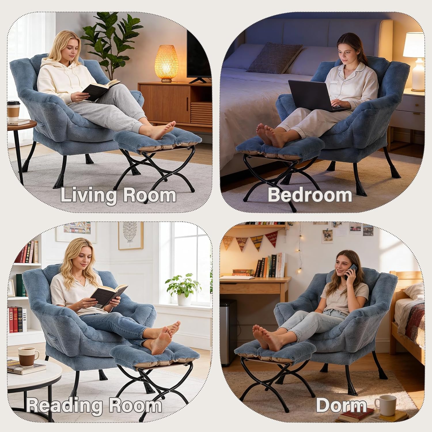 MBOOYOME Lazy Chair with Folding Ottoman, Modern Accent Armchair with Armrests and a Side Pocket & Foldable Footstool, Reading Chair for Living Room, Bedroom & Dorm, Plush Light Blue