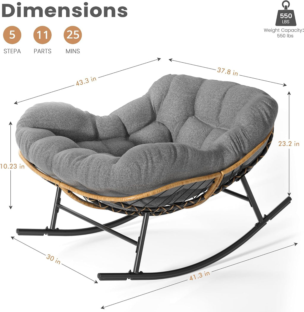 Easyego Oversized Papasan Rocking Chair Indoor Outdoor Use, Comfortable Wicker Rocker with Cozy Thicken Cushion for Deck, Balcony, Poolside, Lawn, Bedroom, Living Room, Dark Grey