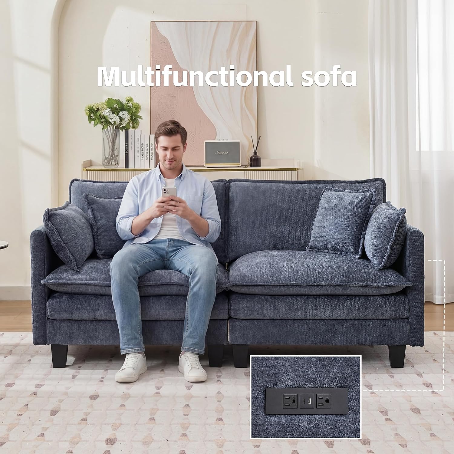 Modular Sectional Sofa, 75' Loveseat Modern Couches for Living Room, Comfy Cloud Couch with Deep Seat for Office and Apartment, with Charger, USB & Type-c Port, Blue Chenille Fabric