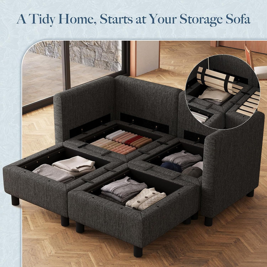 Belffin 58.3' Modular Sectional Sofa 4 Seats Sleeper Sofa Washable Sectional Couches for Living Room Comfy Couches with Storage Seat Couch Sofas with Chaise,Dark Grey