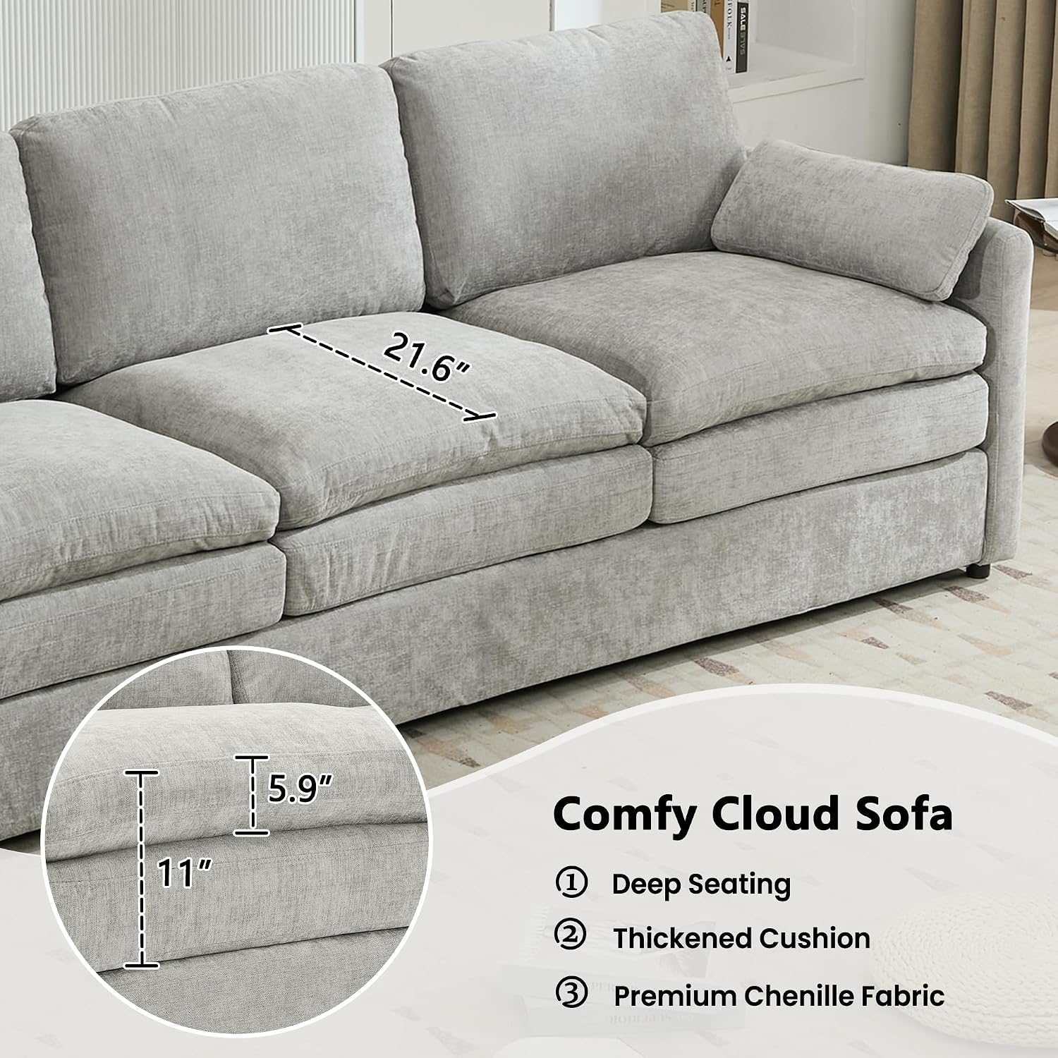 Harper & Bright Designs Chenille Fabric Upholstered Sofa, Oversized Comfy Cloud 3-Seater Sofa Couch, Double Plush Cushion for Living Room