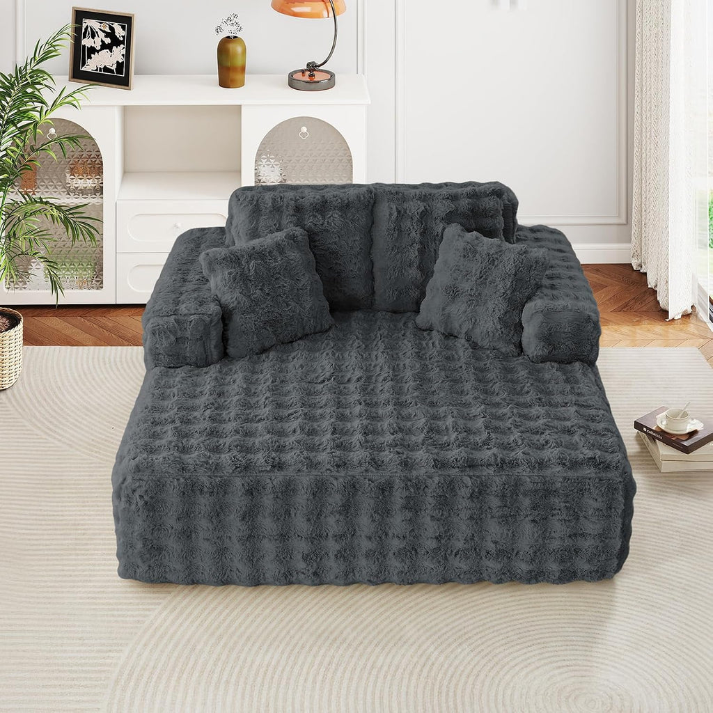 JEEOHEY 56' W Oversized Chaise Lounge Chair Indoor,Plush Faux Fur Sleeper Couch Sofa Bed with Pillows,Fluffy Comfy Cloud Sofa,Compression Foam Boneless Couch for Living Room,Bedroom(Bubble, Grey)