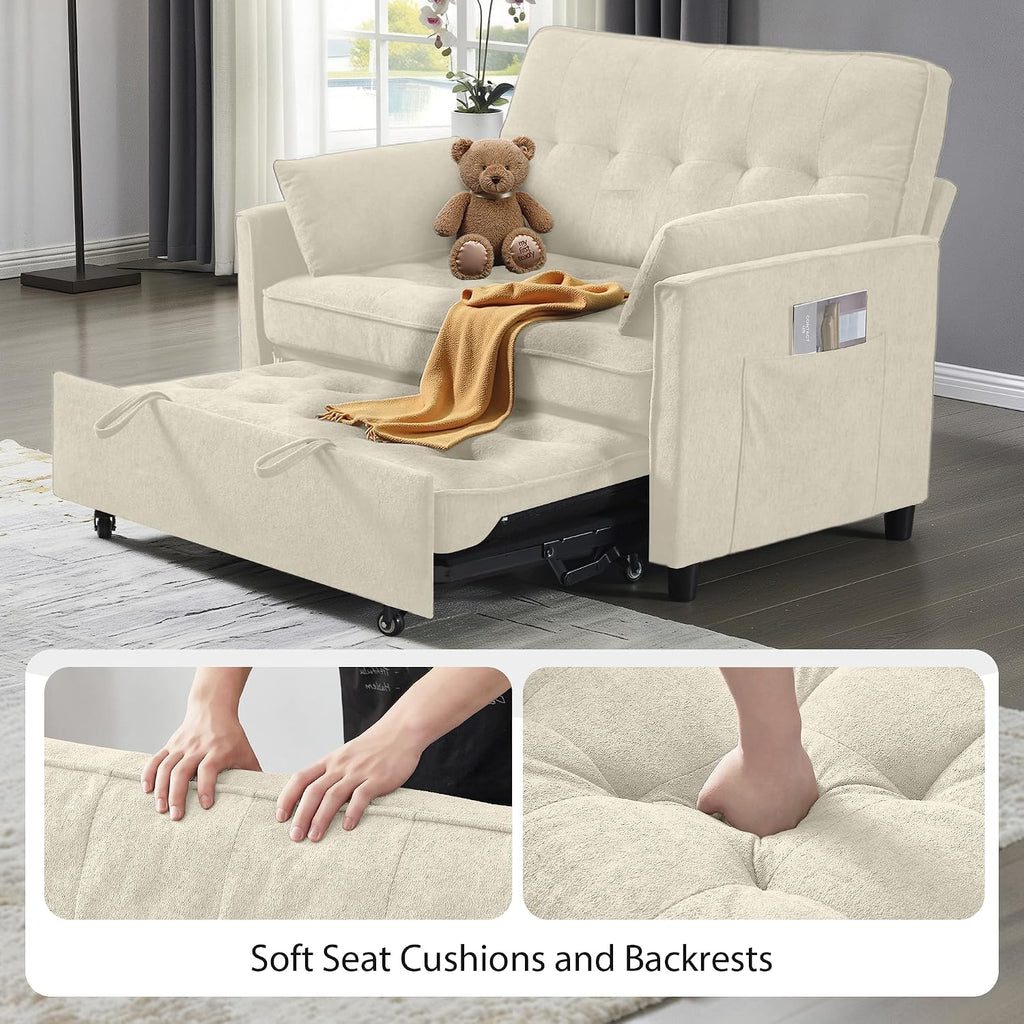 Convertible Sofa Bed, 3 in 1 Pull Out Couch, Loveseat Sleeper with Side Pocket, Living Room Sofa with Adjustable Backrest | USB Charging Port | Two Pillows | Fabric | Beige Couch
