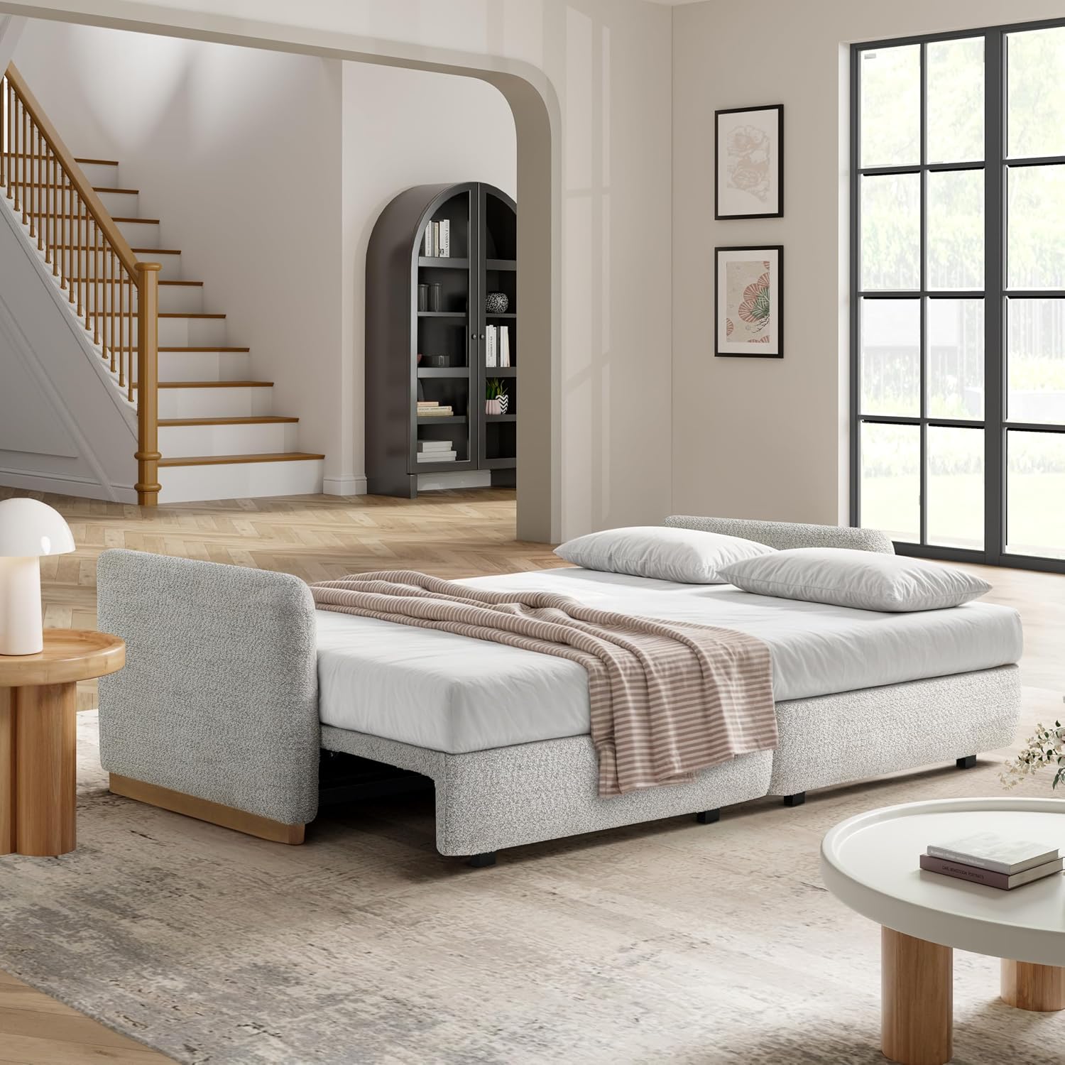 Serta Vail 86' Convertible Sleeper Sofa, Queen Size, Wall-Hugging Dreamglide Mechanism, Dreamcoil Comfort, Boucle Fabric, Ivory