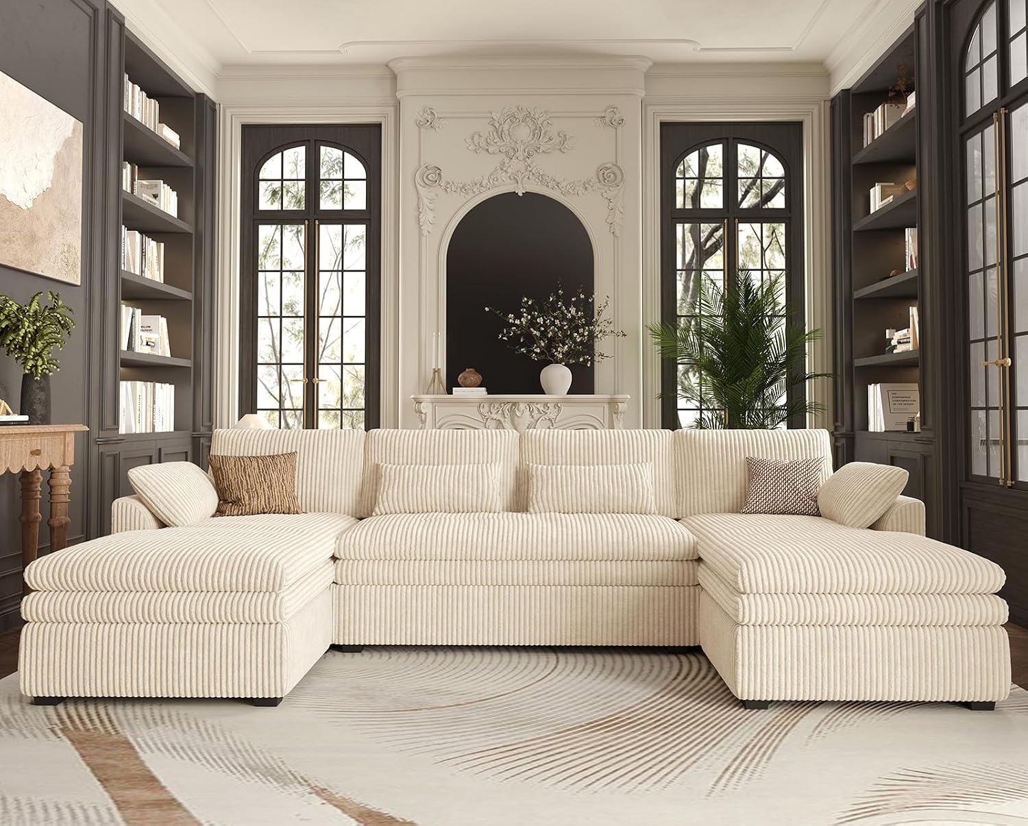 Belffin Large Modular Sectional Sofa with Double Deep Chaise, 135' Corduroy U Shaped Sectional Couch with 9' Soft Dual-Layer 6 Seats U Shaped Couch for Living Room, Apartment, Beige