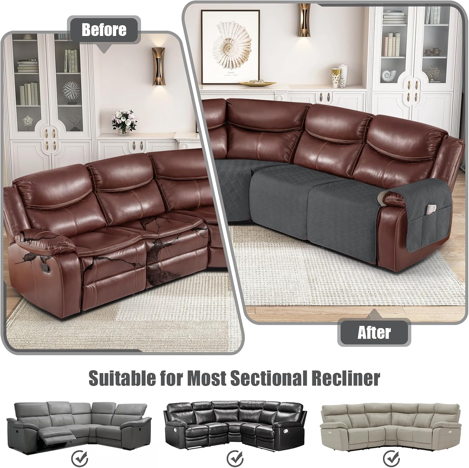 KinCam Waterproof Recliner Sectional Couch Covers, Oversized Reclining Sofa Covers for L Shape Couch, Non Slip Couch Cover for Sofa Washable Slipcover (5 Seat Recliner Cover, Charcoal Gray)