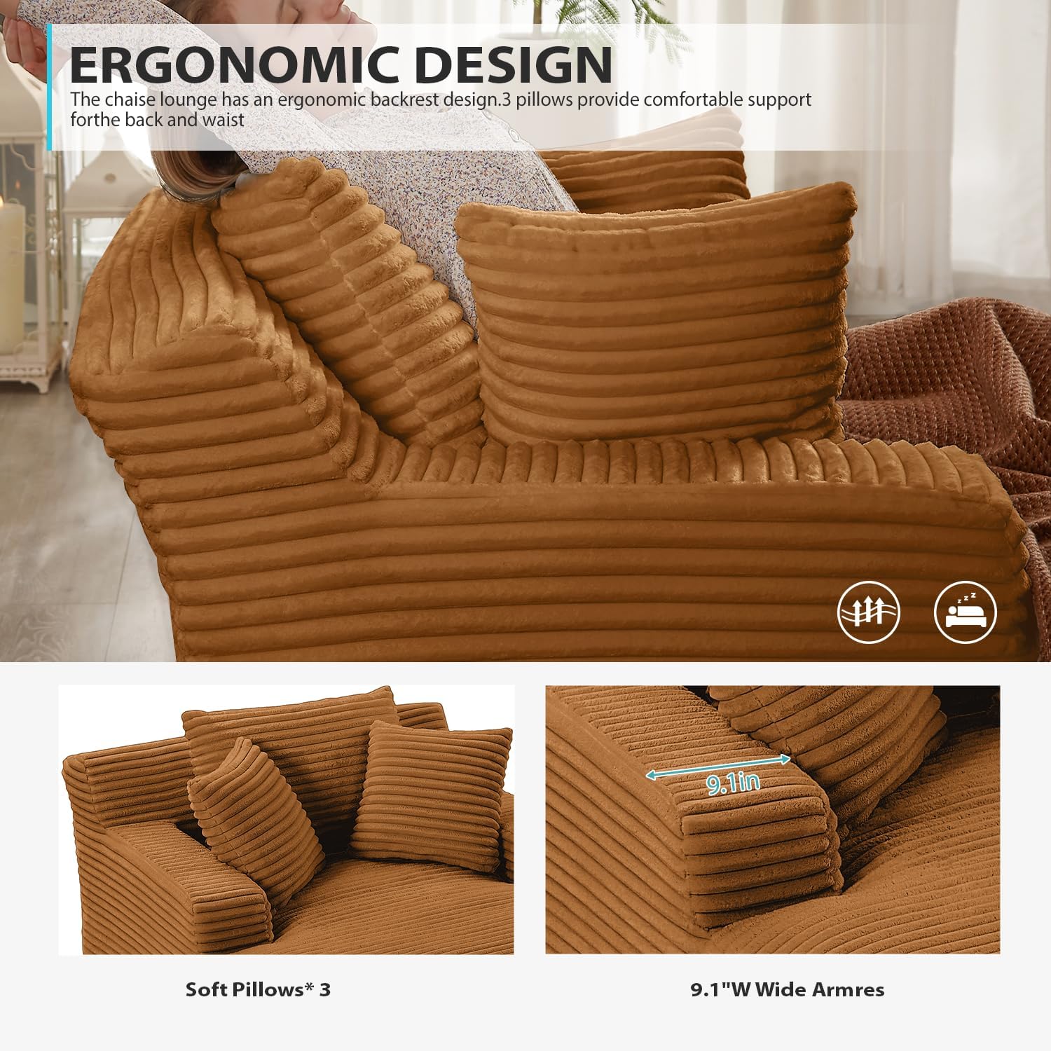 50 Inches Chaise Lounge Indoor, Oversized Chaise Lounge Chair with 3 Throw Pillows and Armrests, Corduroy Upholstered Plush Sofa Bed Lazy Chair Bed Sleeper Chair for Living Room Apartment (Orange)