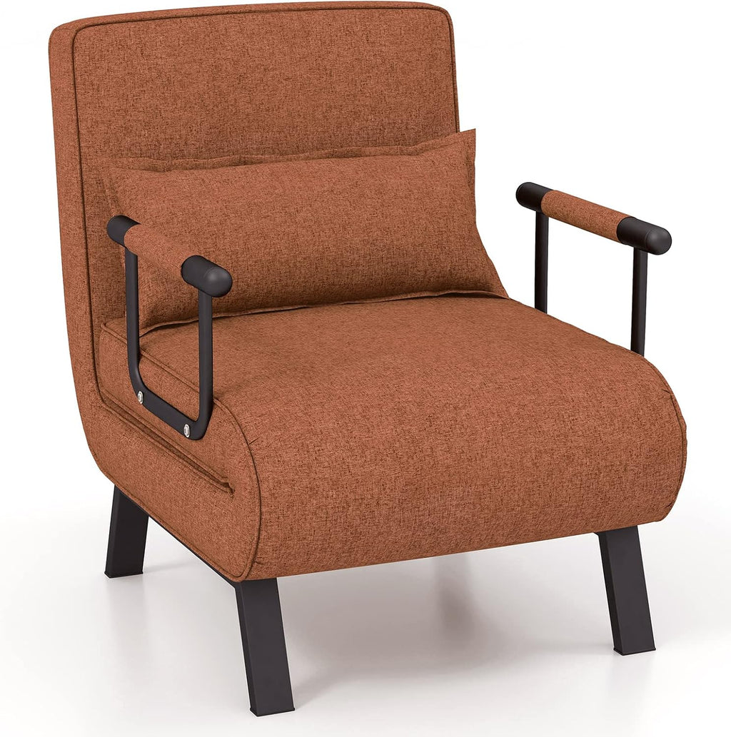 Giantex Convertible Sofa Bed, 4-in-1 Sleeper Chair with Pillow, Modern Recliner Guest Bed with 6 Position Adjustable Backrest, Metal Legs, Linen Fabric Armchairs for Nursery Living Room Office (Brown)
