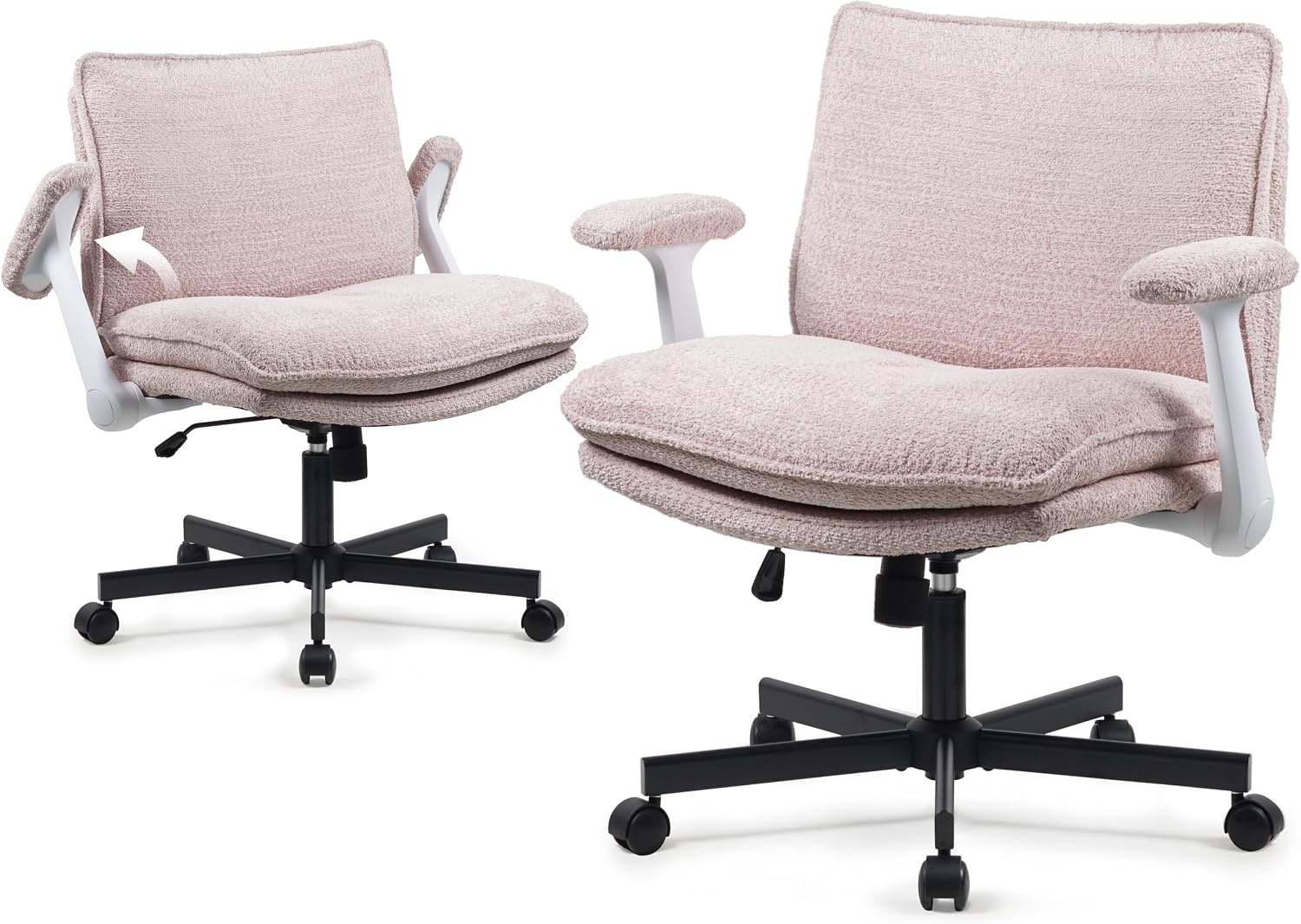 Kassipo Criss Cross Legged Office Chair with Wheels and Flip-Up Arms, Upholstered Criss Cross Desk Chair, Wide Seat Chairs for Home Office, Vanity, Apartment, Pink