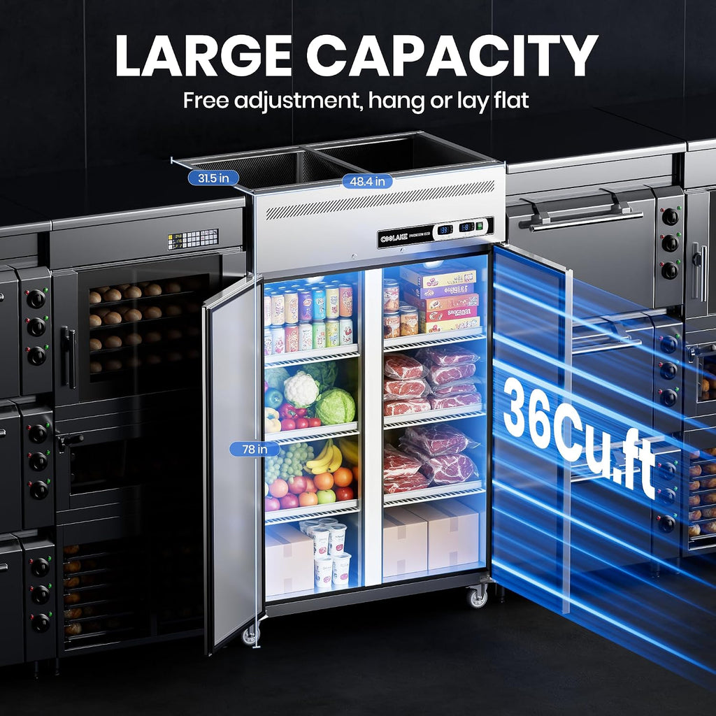Coolake Commercial Upright Freezer Refrigerator Combo, 48' W Dual Temp Zones, 36 Cu.ft Stainless Steel, 2 Door Reach in Freezer for Restaurant Bar Shop Kitchen Garage School Church