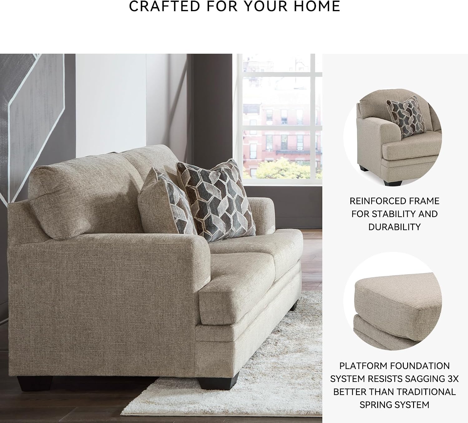 Signature Design by Ashley Stonemeade Casual Loveseat with 2 Toss Pillows, Light Brown