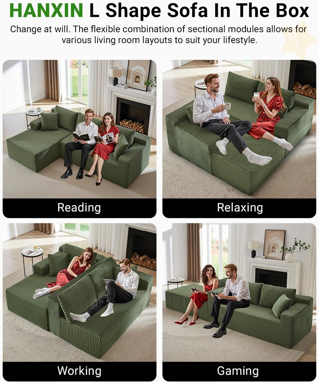 Cloud Sectional Couch,105 Inch Modern Modular Sectional Sofa with Deep Seat,Corduroy Boneless Couches with L-Shape Chaise for Living Room Bedroom,No Assembly Required (Green, Left Facing Chaise)