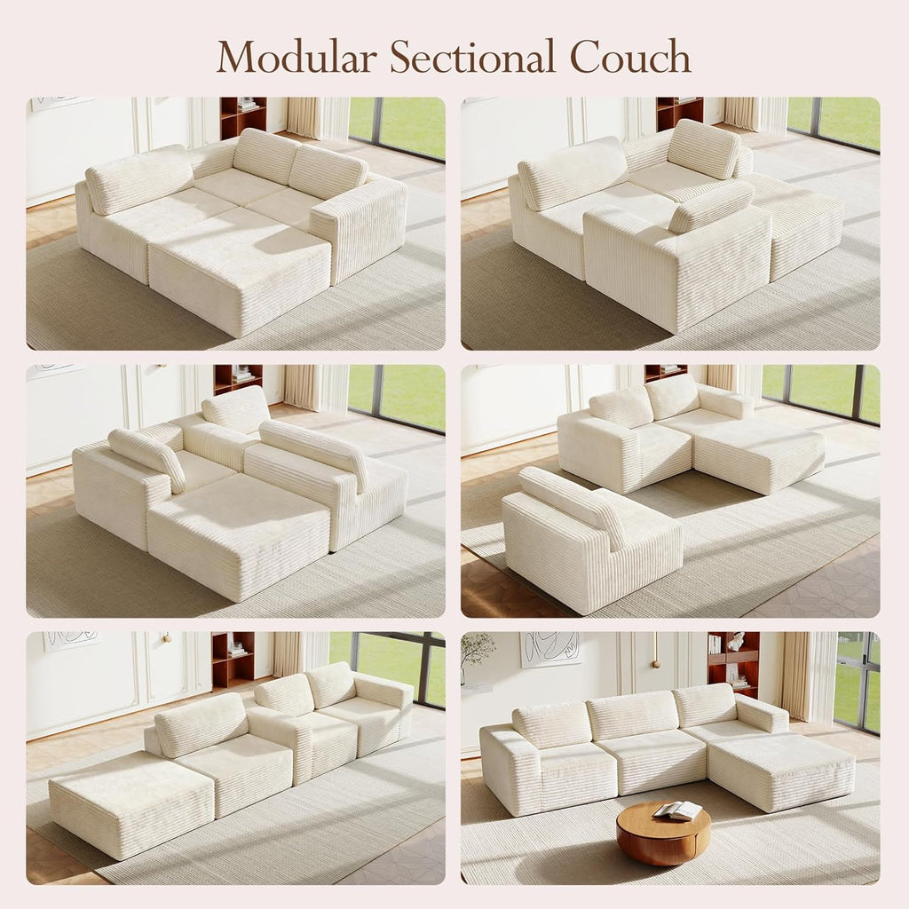 Vesgantti 119' L-Shaped Modular Sectional Sofa, Corduroy Cloud Couch with Deep Seating & Spring Support, Flexible Layout Sofa with Ottoman, Boneless Style, No Assembly Required, Beige