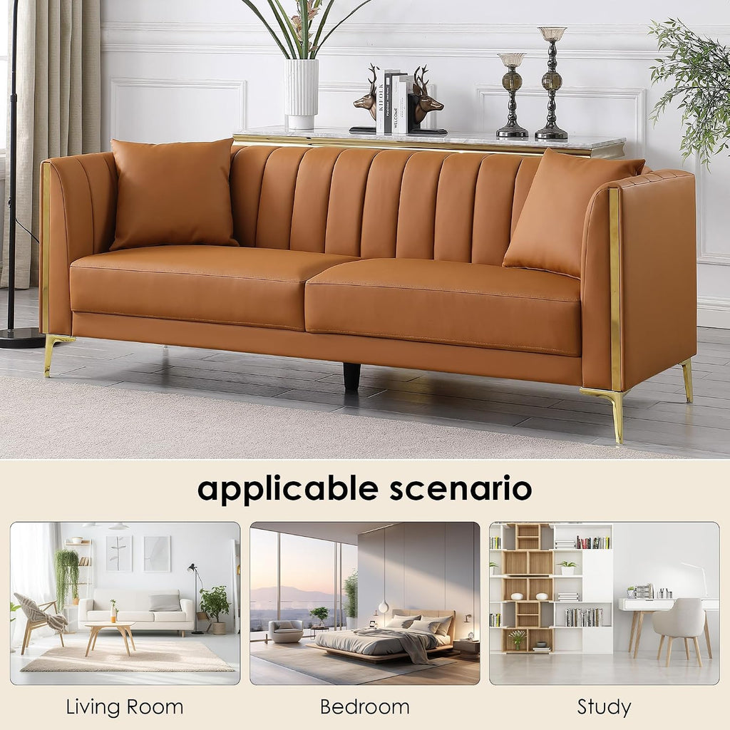 FOTOSOK Leather Couch Sofa, Office Couches 78'' Apartment Faux Leather Sofa with 2 Throw Pillows & Gold Metal Legs, Waterproof 3 Seater Couches for Small Living Room, Affordable Luxury Design
