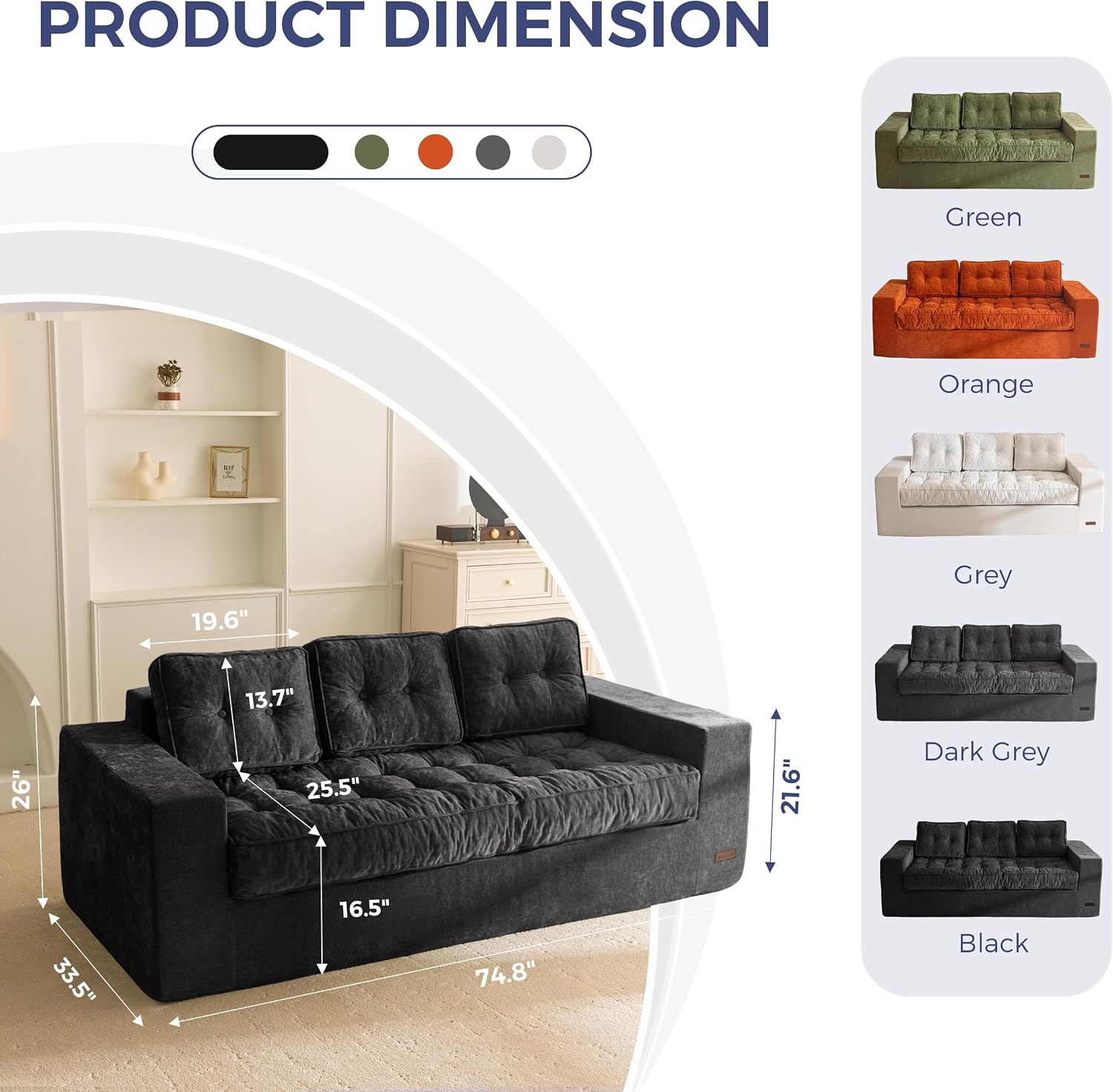 MAXYOYO Boneless Sofa Couch, 75' Oversized Loveseat Sofa, Tufted Floor Couch Bean Bag Chair for Living Room Bedroom Apartment, Sofa in a Box, No Assembly Needed, Black