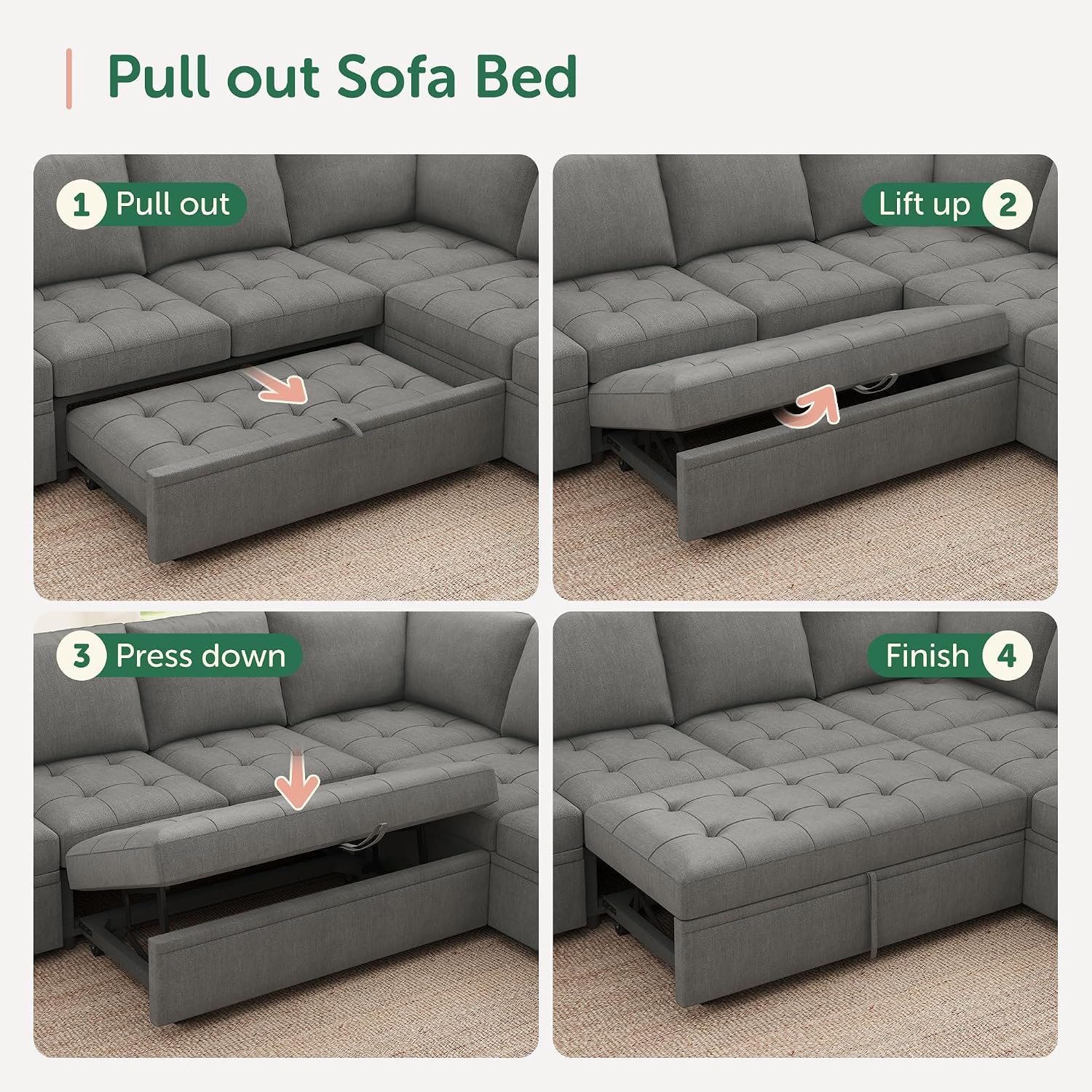 HONBAY Modular Sectional Sleeper Sofa with Pull Out Bed,U Shaped Couch with Storage Seat,Sectional Couches for Living Room,Warm Grey