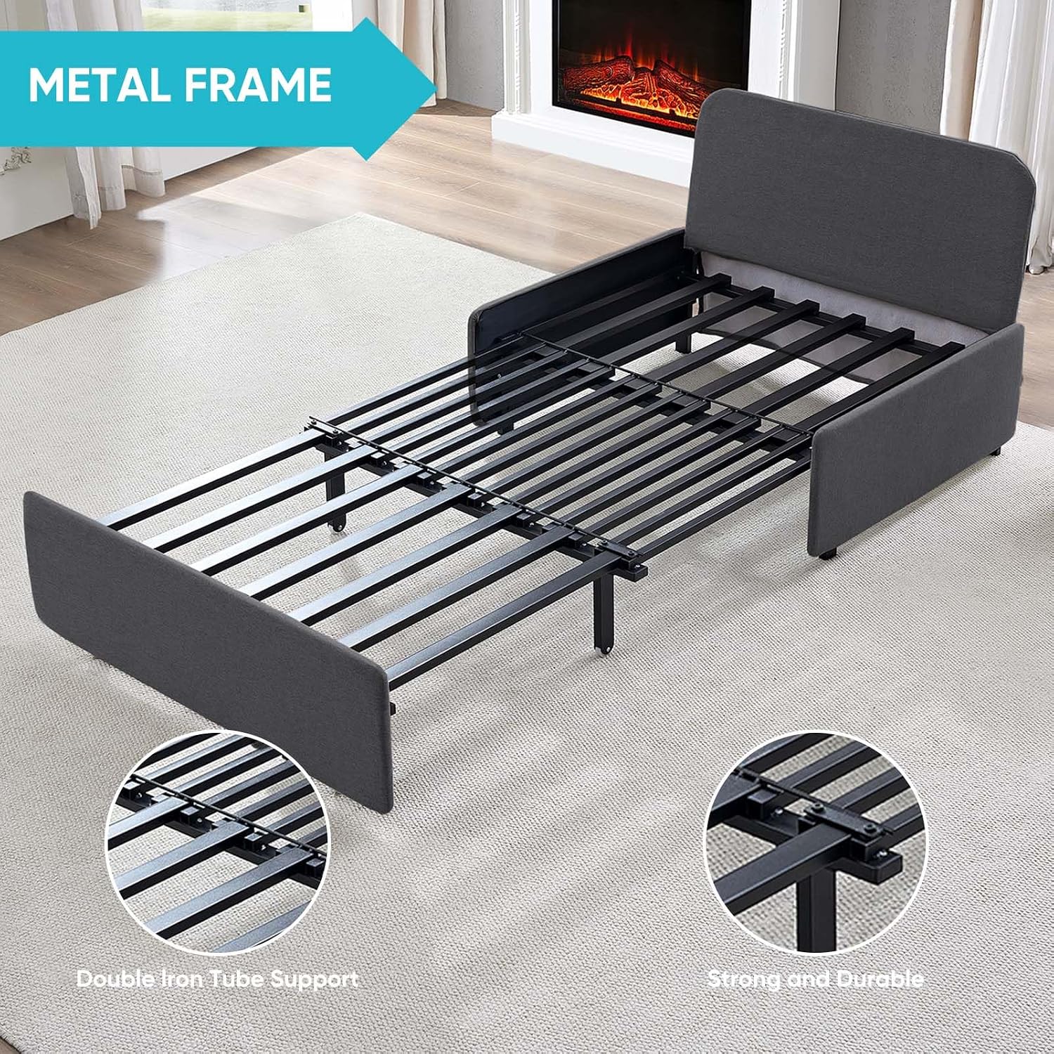 CECER 43.3' Twin Size Pull Out Sofa Bed, Pull Out Couch Bed with 2 Pillows, Linen Convertible Sleeper Sofa with Comfy Mattress, 2 in 1 Armless Loveseat Beds for Small Space-Dark Grey