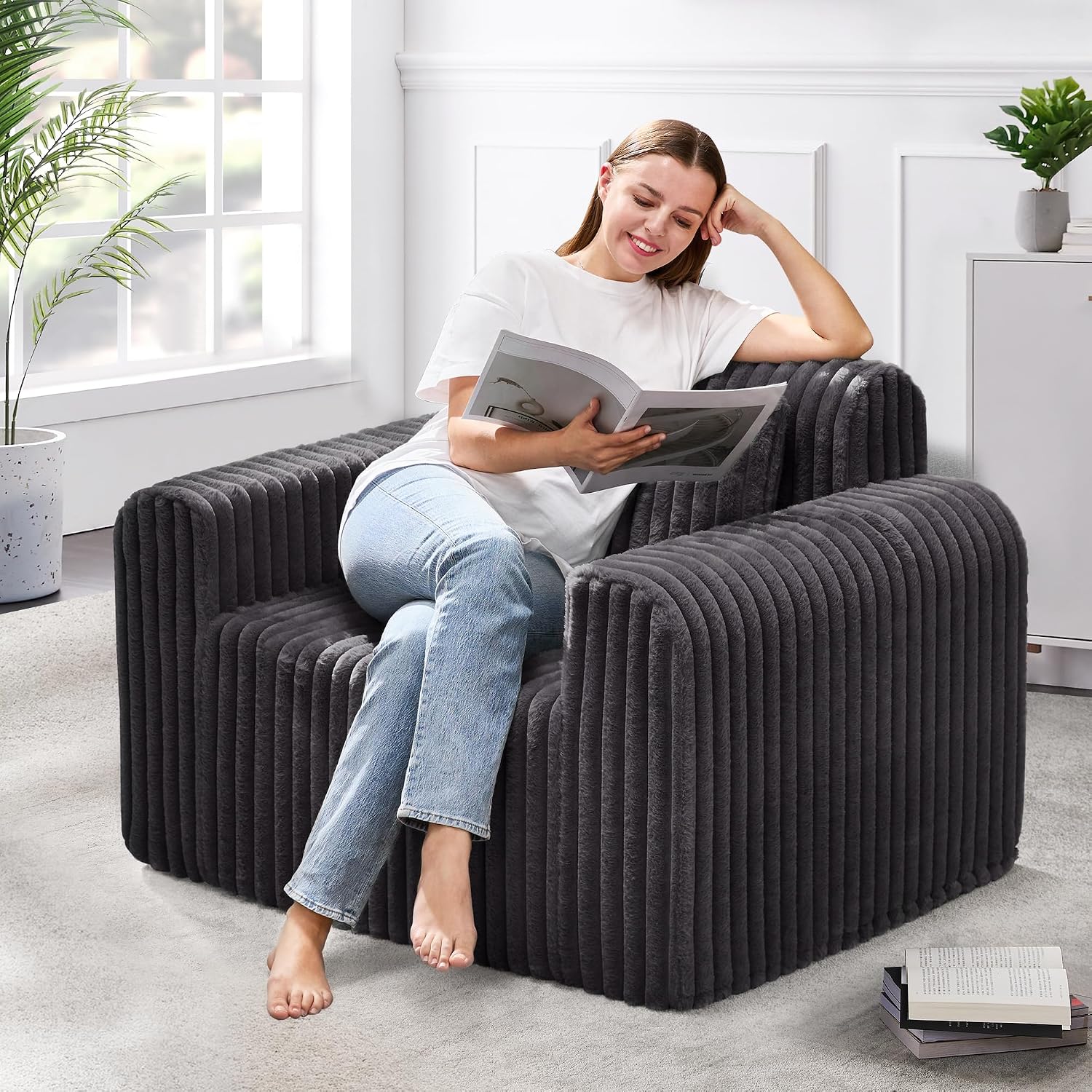 Hobestluk Single Sofa Foam Couch Sofa for Small Spaces Comfy Sofas with Removable Cover Furry Couch with Pillows for Living Room, Bedroom, Apartment, Office (Dark Grey, Standard)