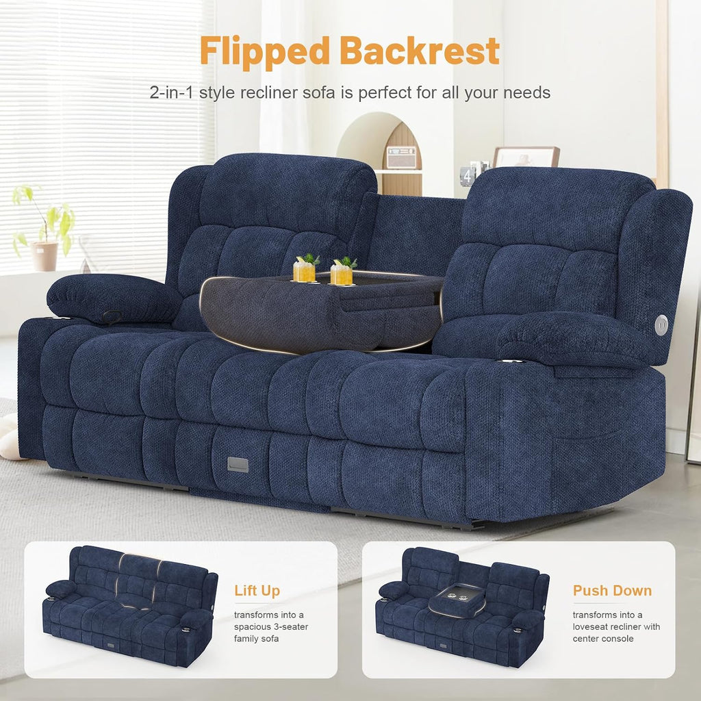 Dresegmt Loveseat Recliner Sofa, Flip Middle Backrest Design 3 Seat Reclining Sofa with Storage Drawer, USB Ports & Cup Holders, Manual Couch for Living Room/RV (Blue)