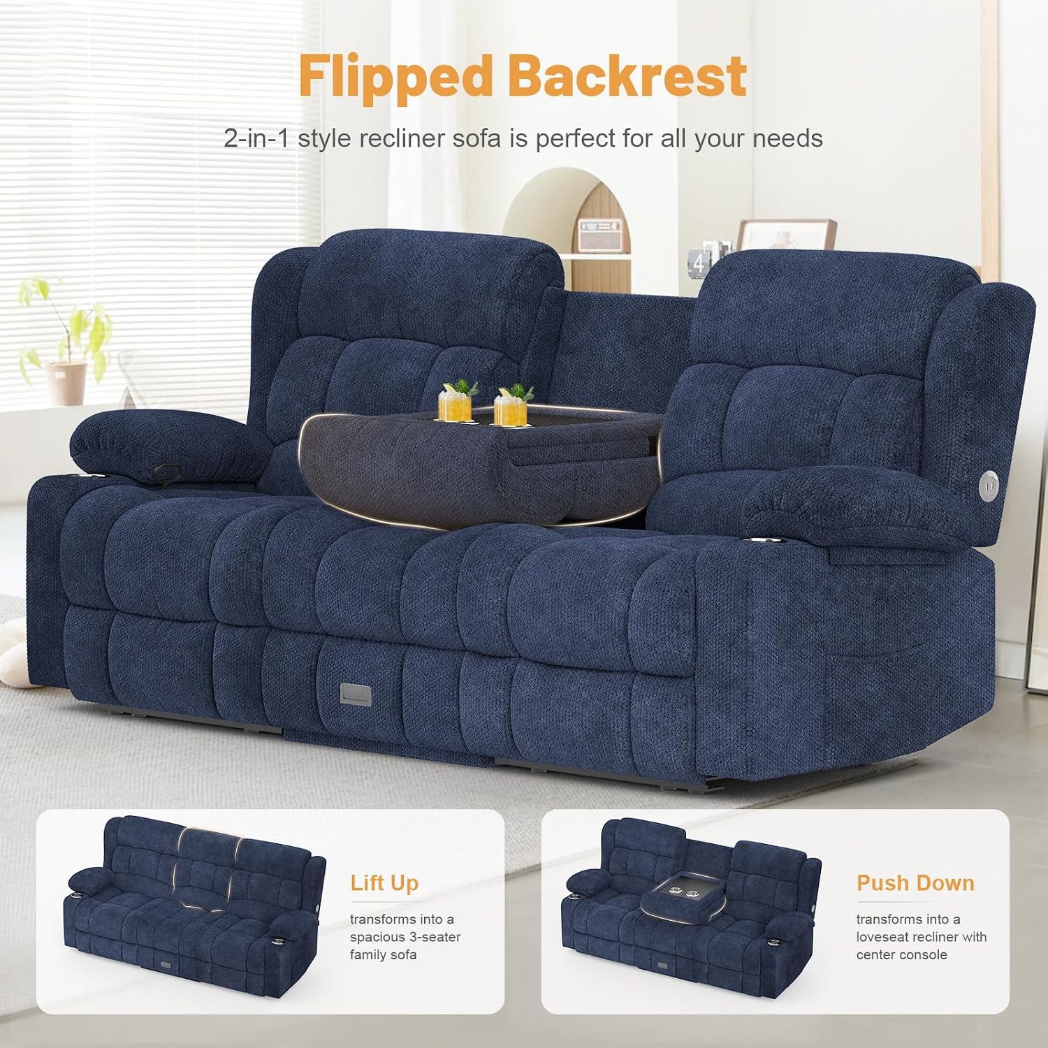 Dresegmt Loveseat Recliner Sofa, Flip Middle Backrest Design 3 Seat Reclining Sofa with Storage Drawer, USB Ports & Cup Holders, Manual Couch for Living Room/RV (Blue)